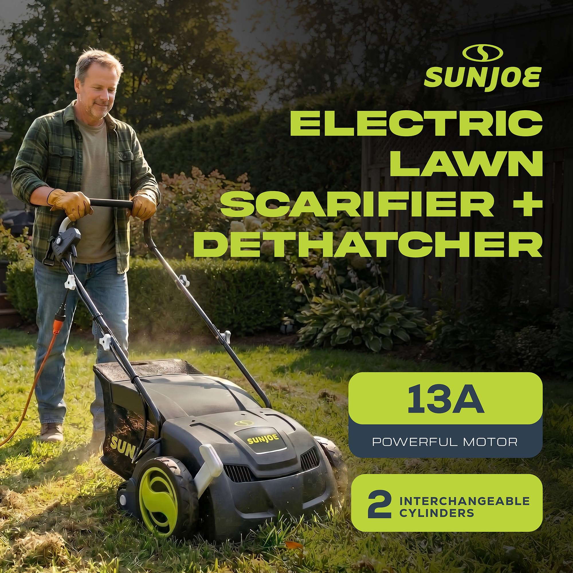 Sun Joe AJ801E 12 amperios, destilador eléctrico y escarificador con bolsa extraíble de 8 galones, ajuste de altura de 5 posiciones, tecnología Airboost aumenta la salud del césped, 13 pulgadas, verde