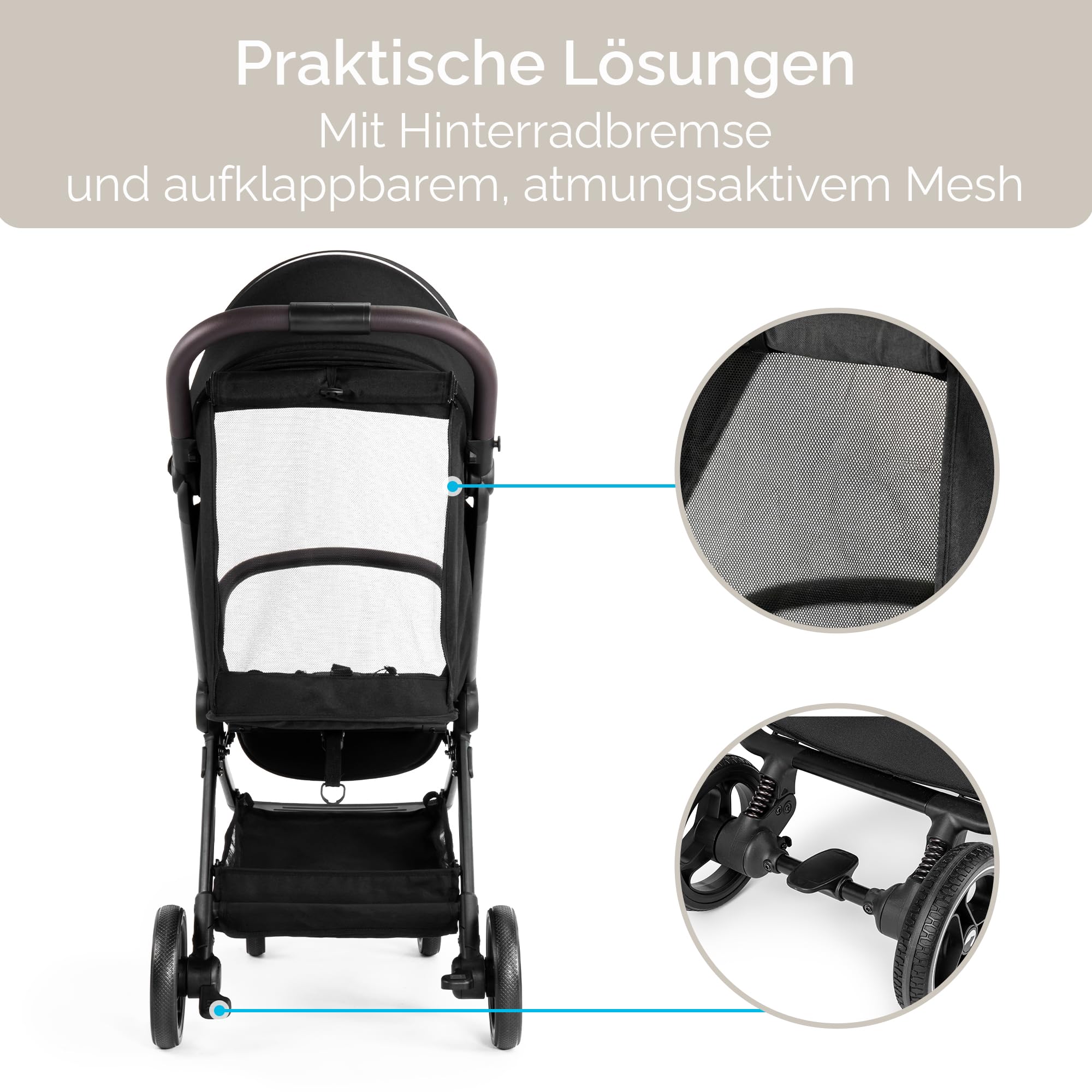Snøugle Reisebuggy leicht faltbar mit Liegefunktion, Einhand-Faltung, bis 22 kg, 5-Punkt-Gurt, Federung, Verdeck Schwarz