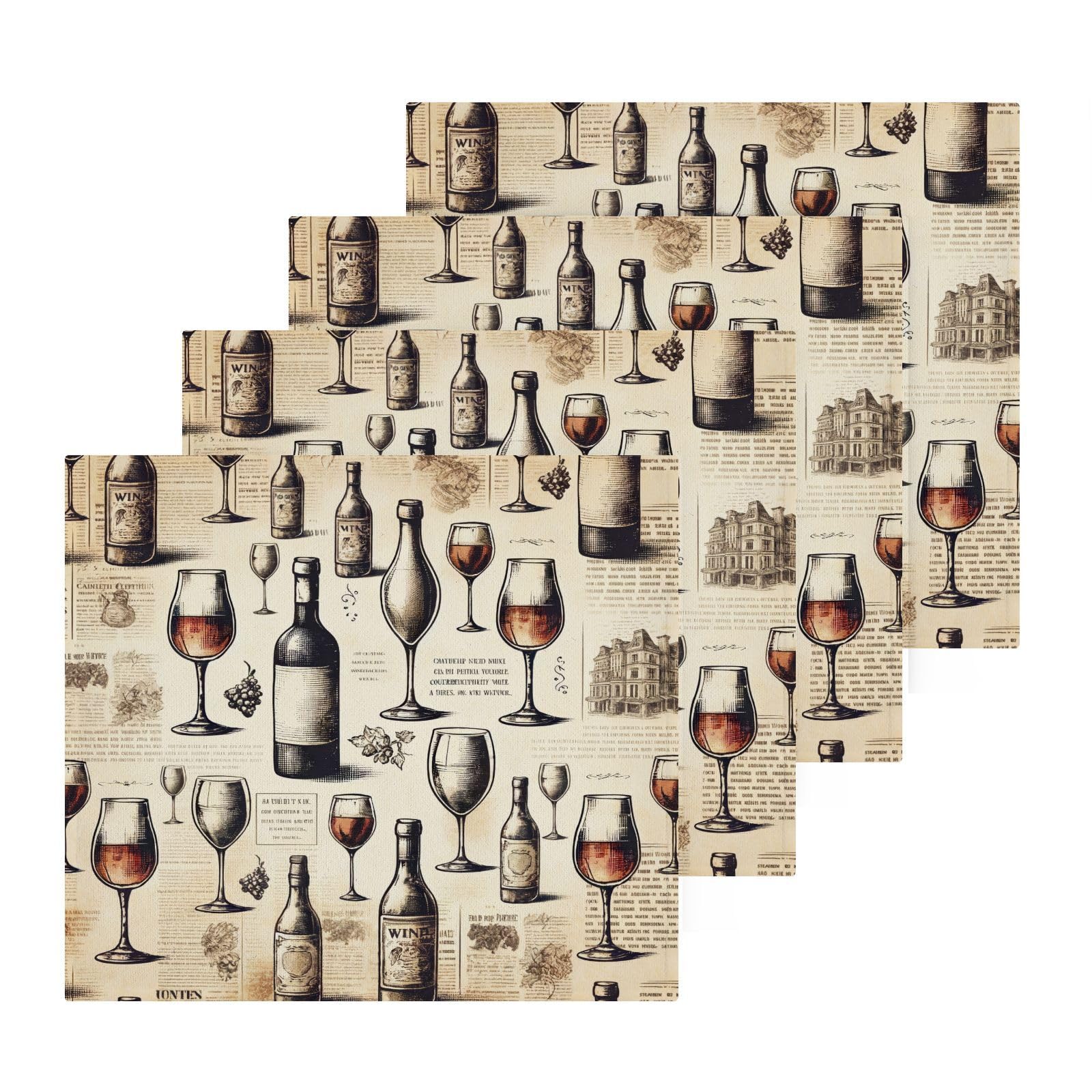 YANENDIE Vintage Newspaper Wine Glasses Washcloths Towels, Highly Absorbent and Soft Cotton Face Cloths, 4 Pack Quick Dry Wash Cloths - 12 X 12 Inches