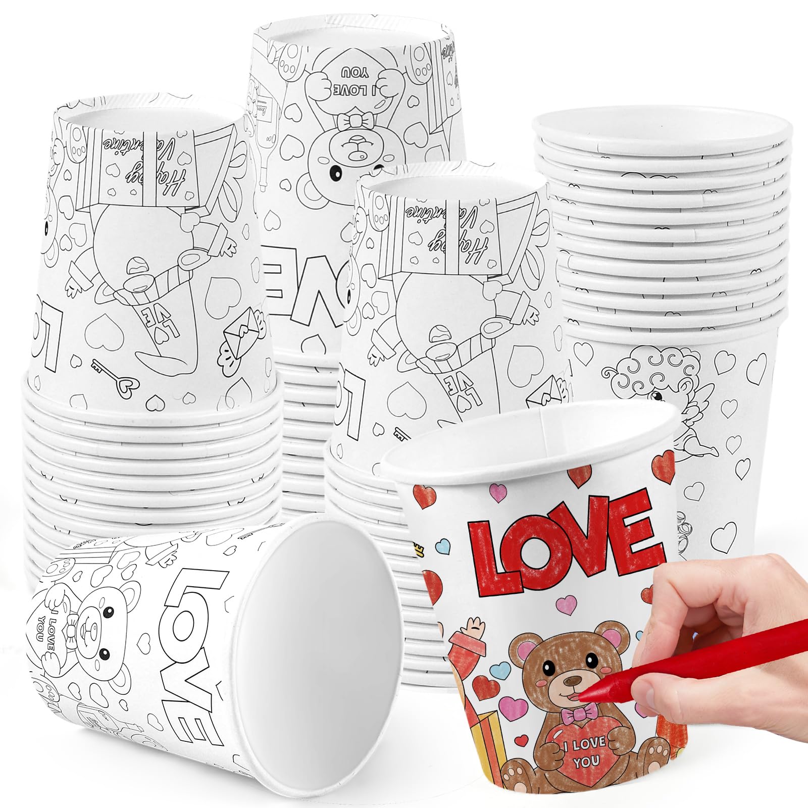 EYNDYN 50 PCS Valentines Day Cups for Kids Valentine Color Your Own Cup for Kids 9 oz DIY Valentine Paper Cup Valentines Party Cup for Valentine's Day Party Favors Crafts Classroom Gift