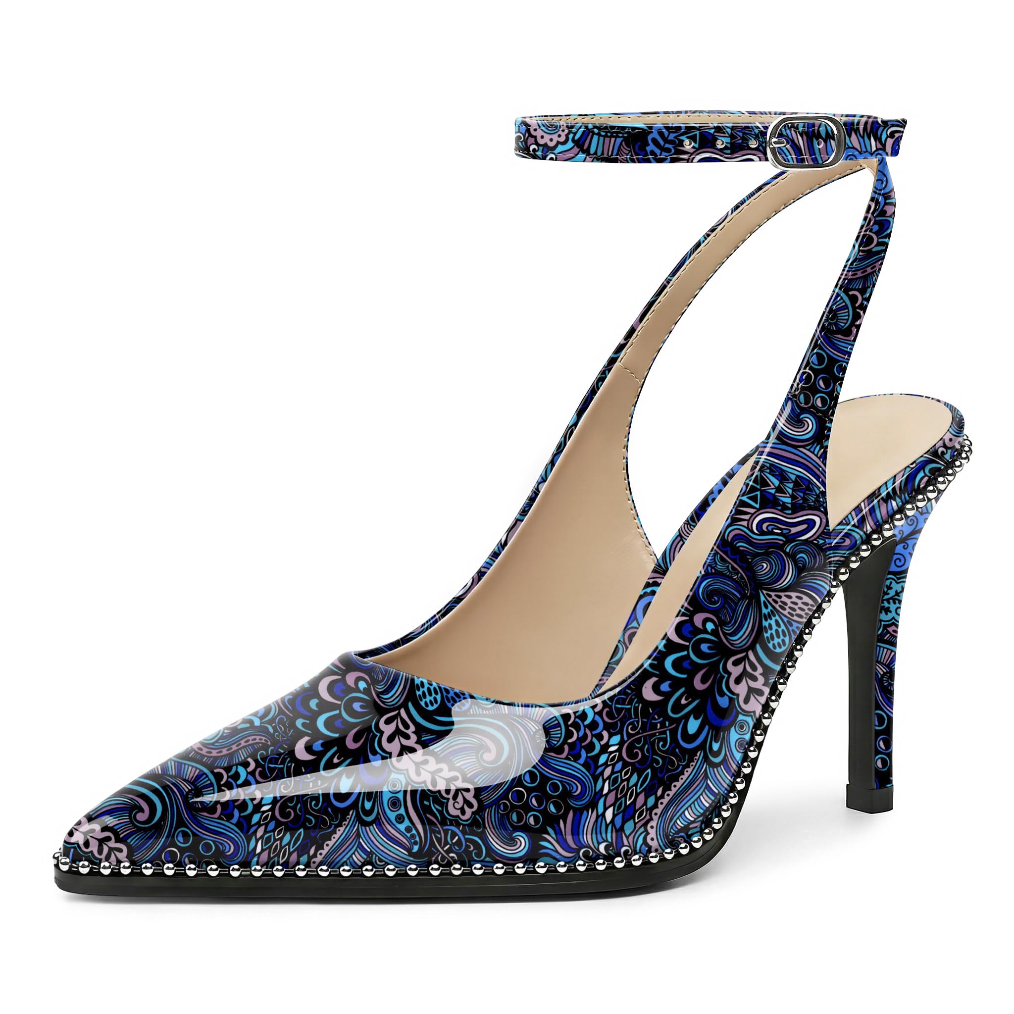 Soireelady Women's Slingback Heels Ankle Strap Pointed Toe Stilettos High Heel Beaded Pumps Dress Shoes 3.5 Inches