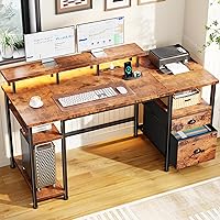 Furologee 61" Reversible Gaming Desk with LED Lights, Power Outlet, File Cabinet & Monitor Stand - Rustic Brown Home Office Desk