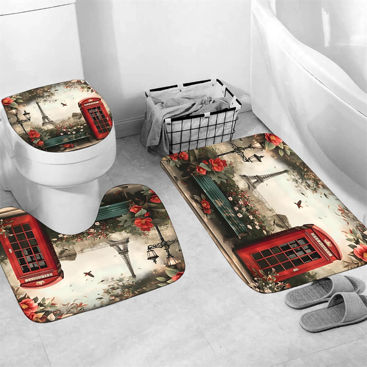 Chrainy 4Pcs Paris Eiffel Tower Shower Curtain Sets Telephone Booth Red Flowers Bathroom Set Decor with Non-Slip Rugs Bath U-Shaped Mat Toilet Lid Cover Floral Curtains Shower Set with 12 Hooks