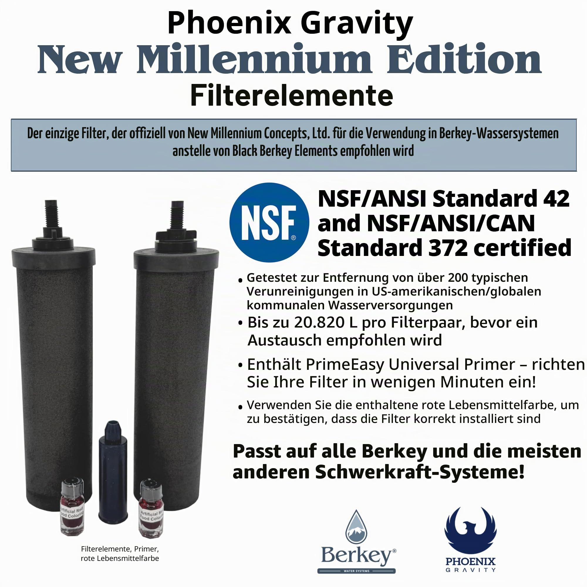 Berkey Phoenix Gravity Millennium Edition Filterelemente (2er-Set) – NMCL empfohlener Ersatz anstelle von schwarzen Berkey Elementen BB9-2