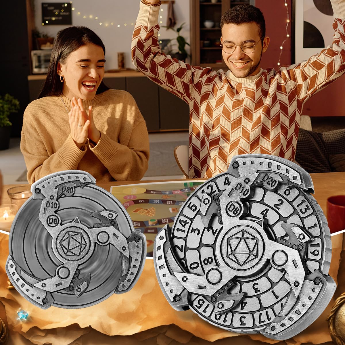 Spinner de Dés DND, Gyroscope du Bout des Doigts, 7-en-1 Métallique DND Dés, Roulette Dés Spinner, Cadeaux D&D avec Sacs Cadeaux Logo Dragon, Jeu de Rôle, Accessoires de Jeu de Société, Argent Foncé