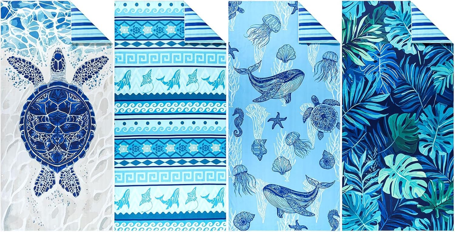 joyoldelf 4 Confezioni Telo Mare Microfibra Grande - 180x90 cm Telo Mare, XXL Asciugamano Mare Antisabbia,Stuoia Spiaggia Grande Asciugatura Rapida, Teli Mare Microfibra Portatile(Flora e Fauna)