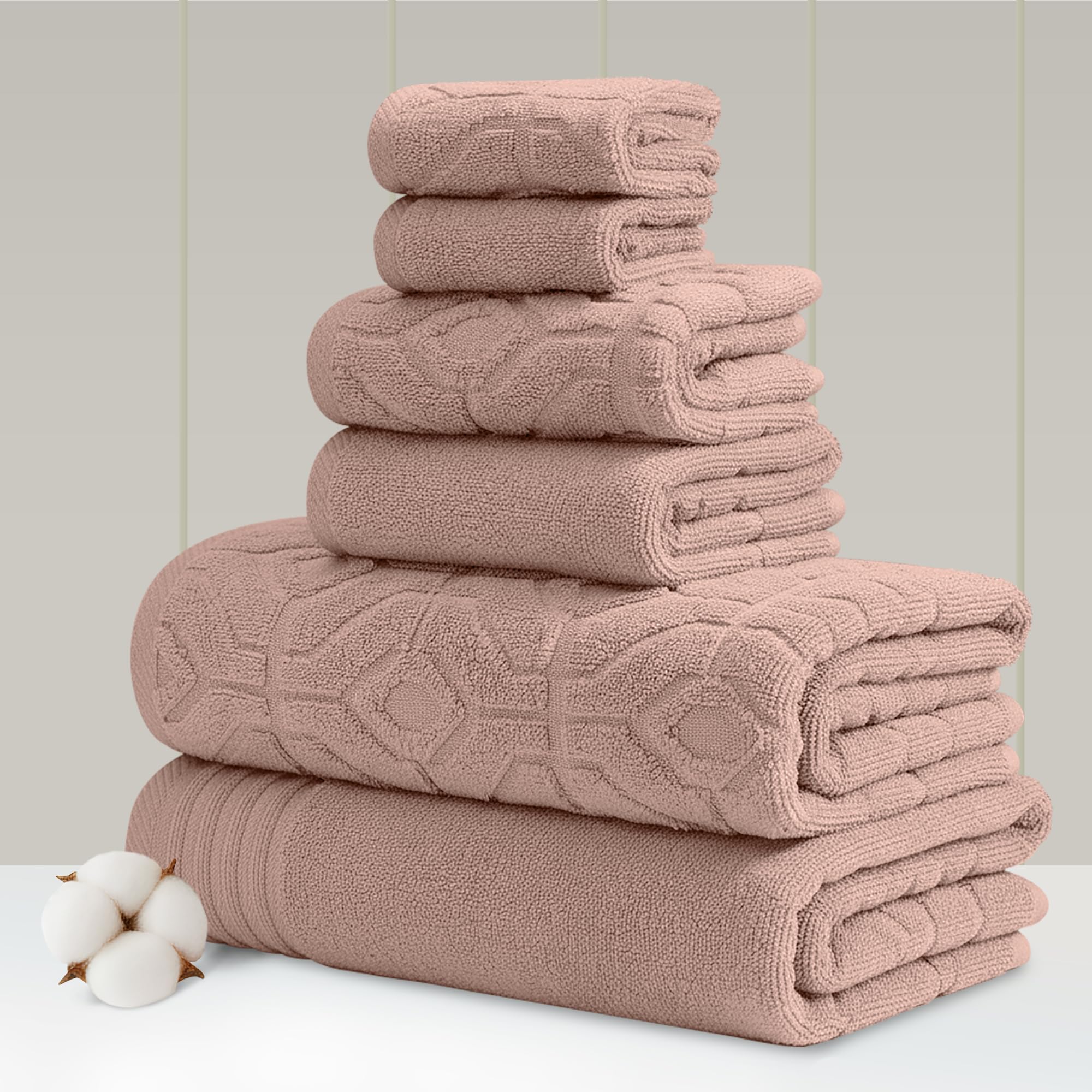 Modern Threads 6-Piece 100% Combed Cotton Yarn Dyed Diamond Gate Jacquard Towel Set Rose