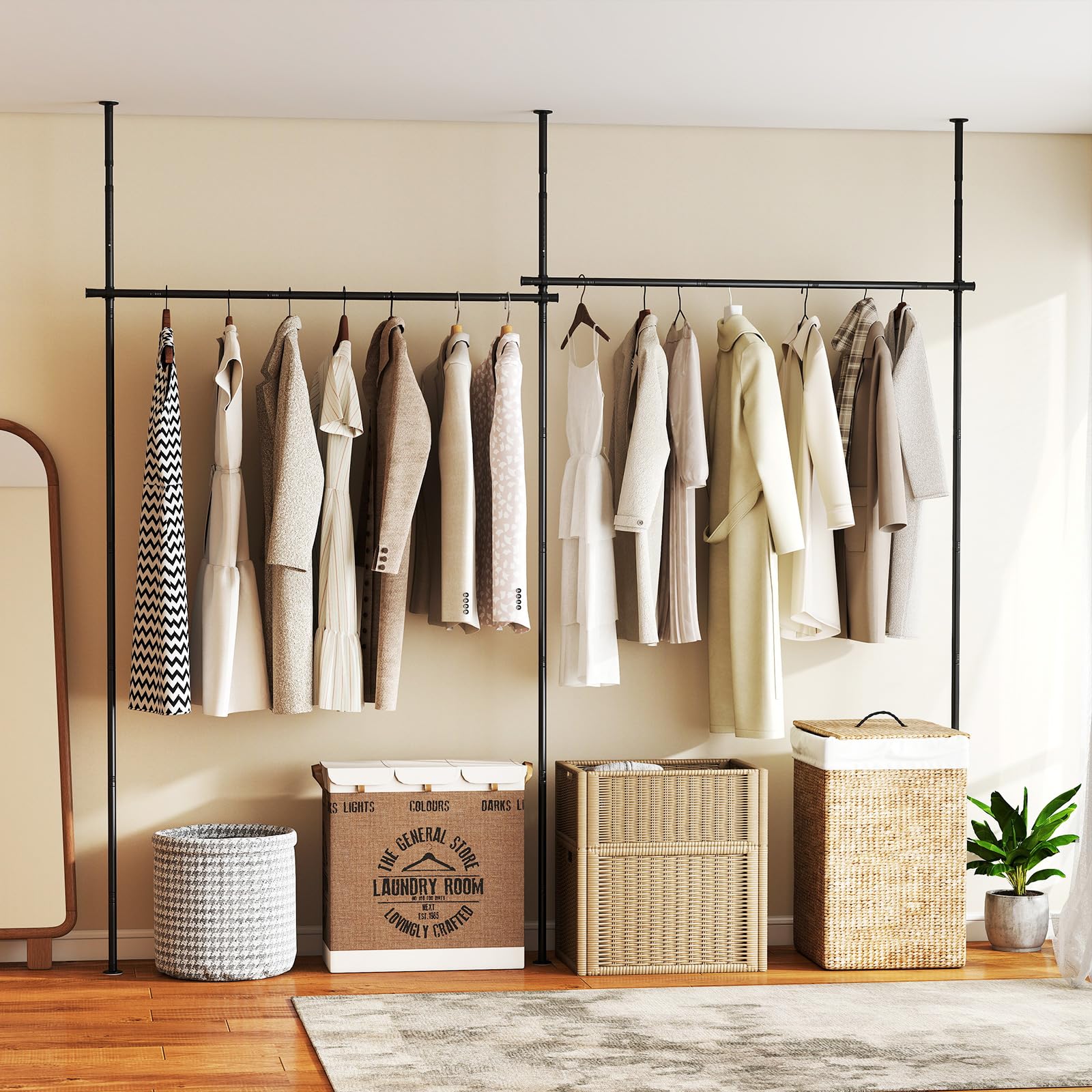 COSTWAY Tenda Divisoria Senza Trapano, Parete Divisoria per Interni con Asta Regolabile 120-314 cm(A) 73-360 cm(L), Bastoni Tende in Metallo per Soggiorno, Camera da Letto e Balcone (stile 2 Nero)