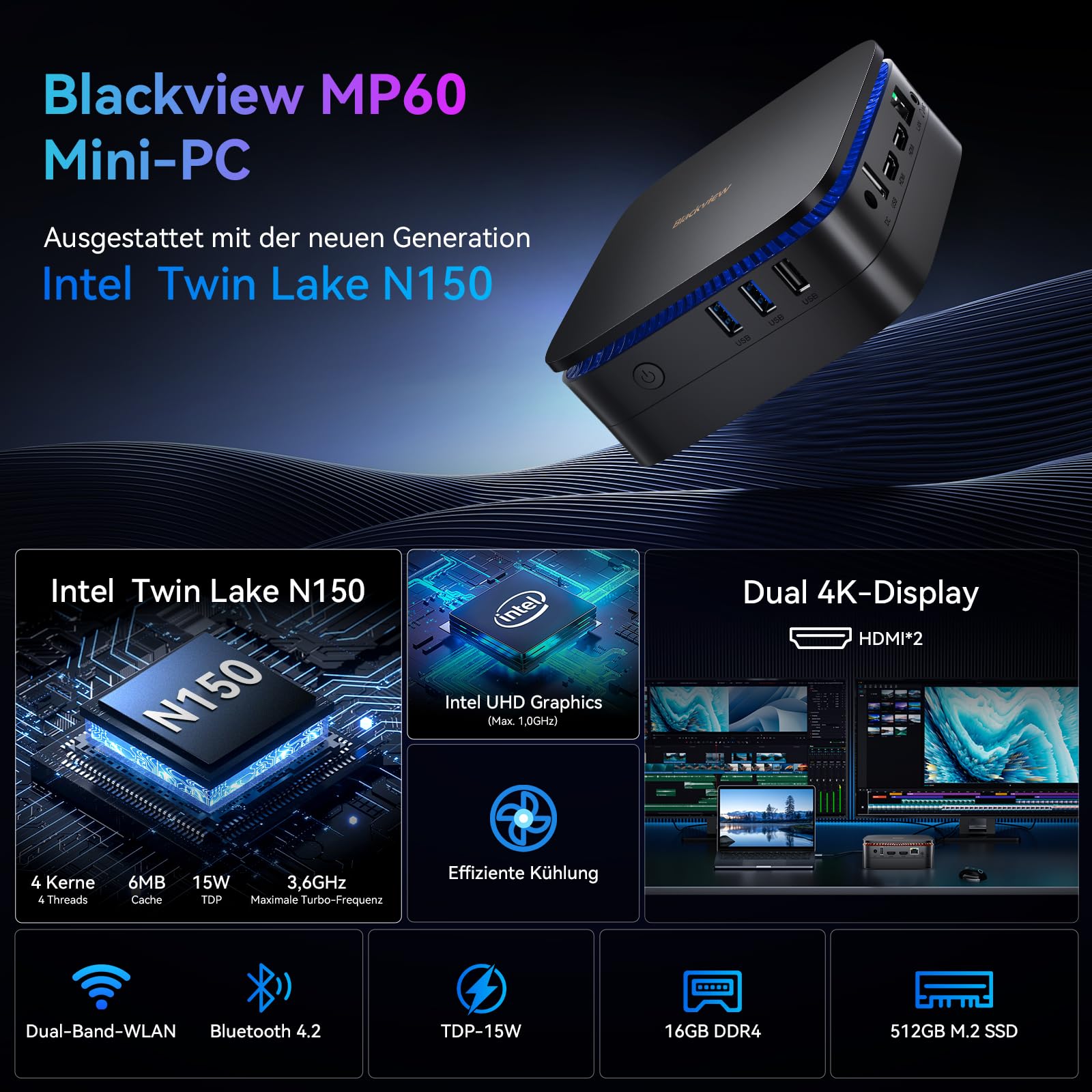 Blackview MP60 N150 MINI PC 2025 New Intel Twin Lake N150 16GB RAM 512GB SSD 4K UHD - Dettaglio