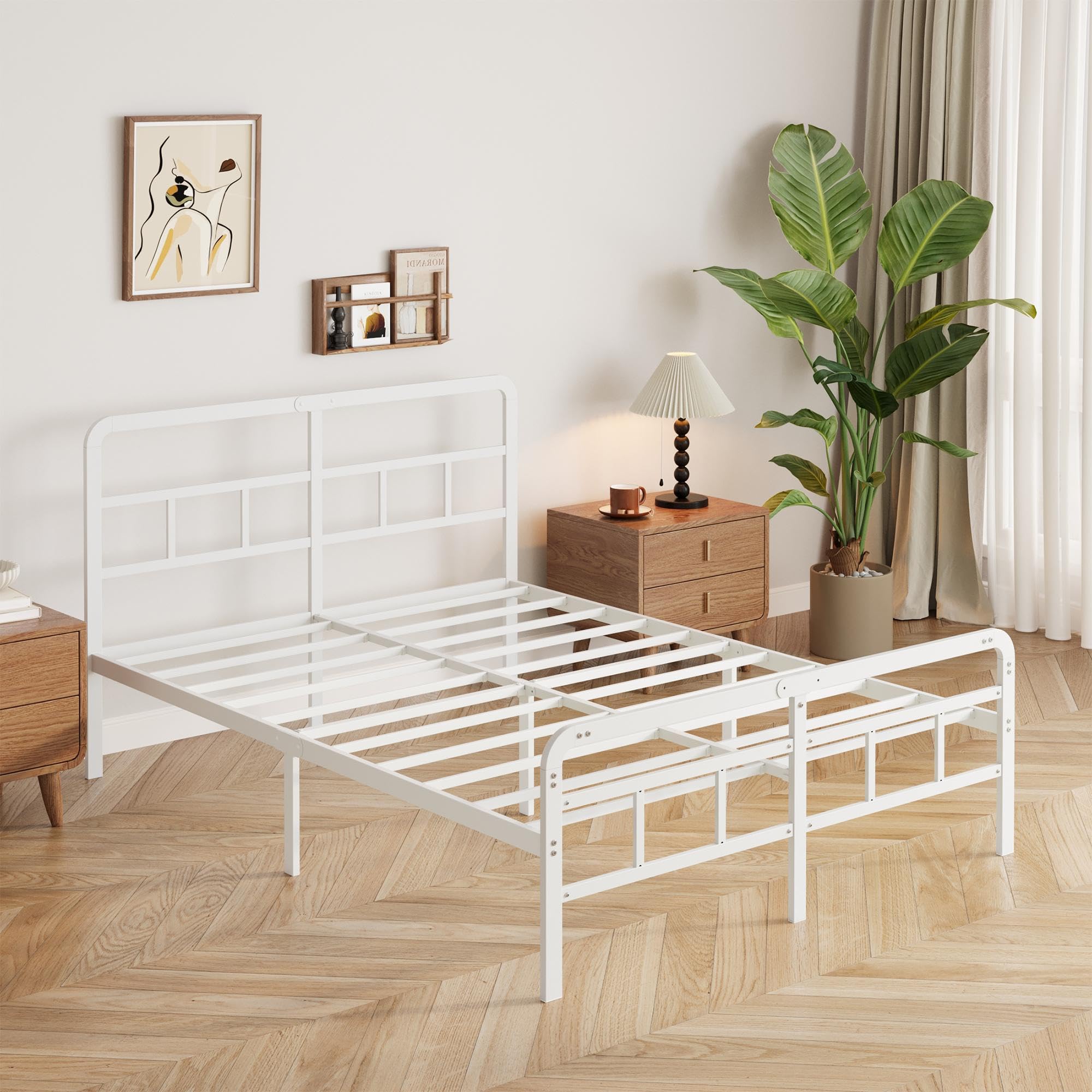 Yicensen Letto Matrimoniale 150x200 cm con Testiera e Pediera in Metallo, Rete a Doghe in Metallo Altezza 36cm, Giroletto Letto Stabile, Facile Montaggio, Silenzioso, Moderno Bianca