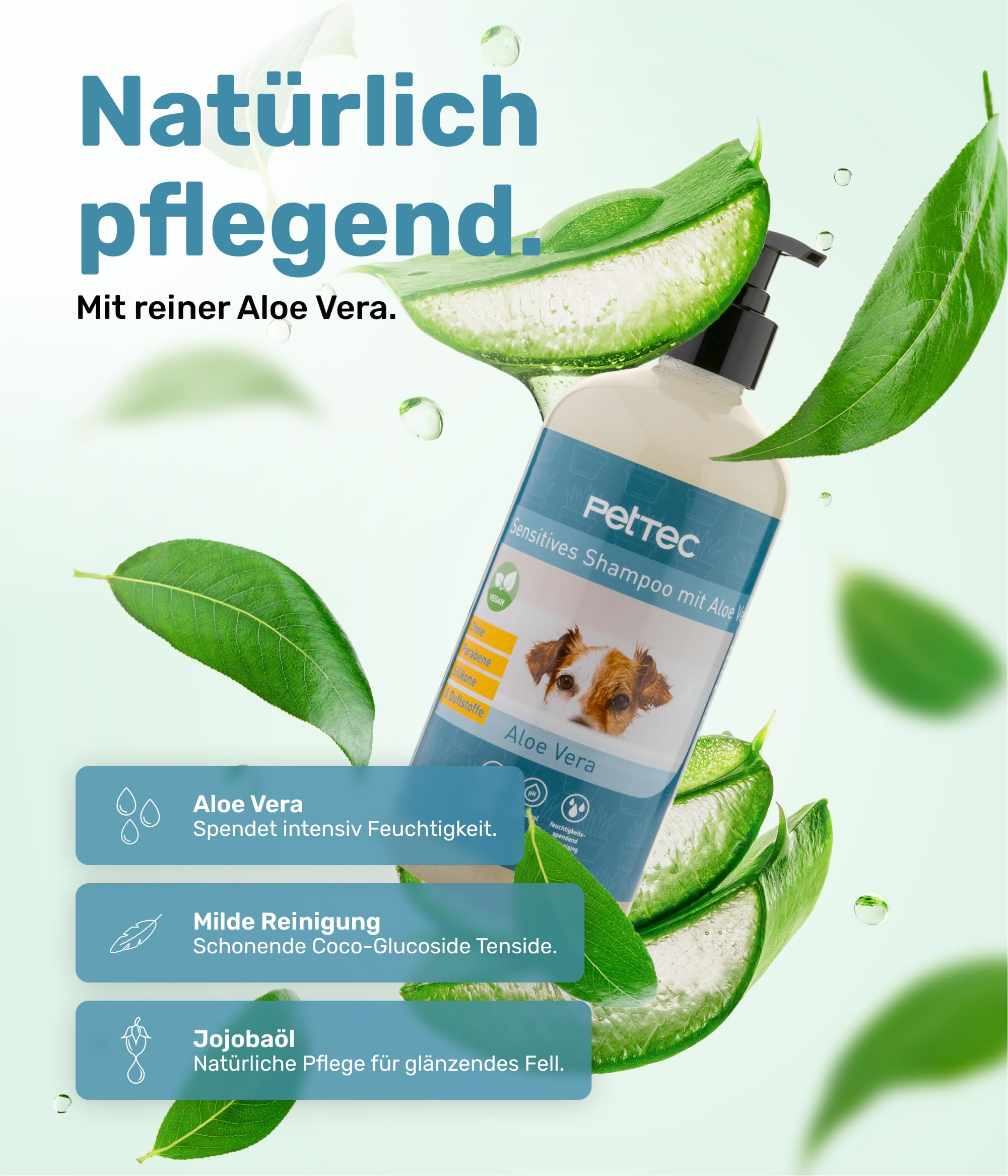 PetTec - Szampon dla psów wrażliwy z aloesem 500 ml butelka z pompką - neutralny pH (7) i natłuszczający szampon dla wszystkich ras psów - pielęgnacja sierści psa bez parabenów, silikonu i substancji