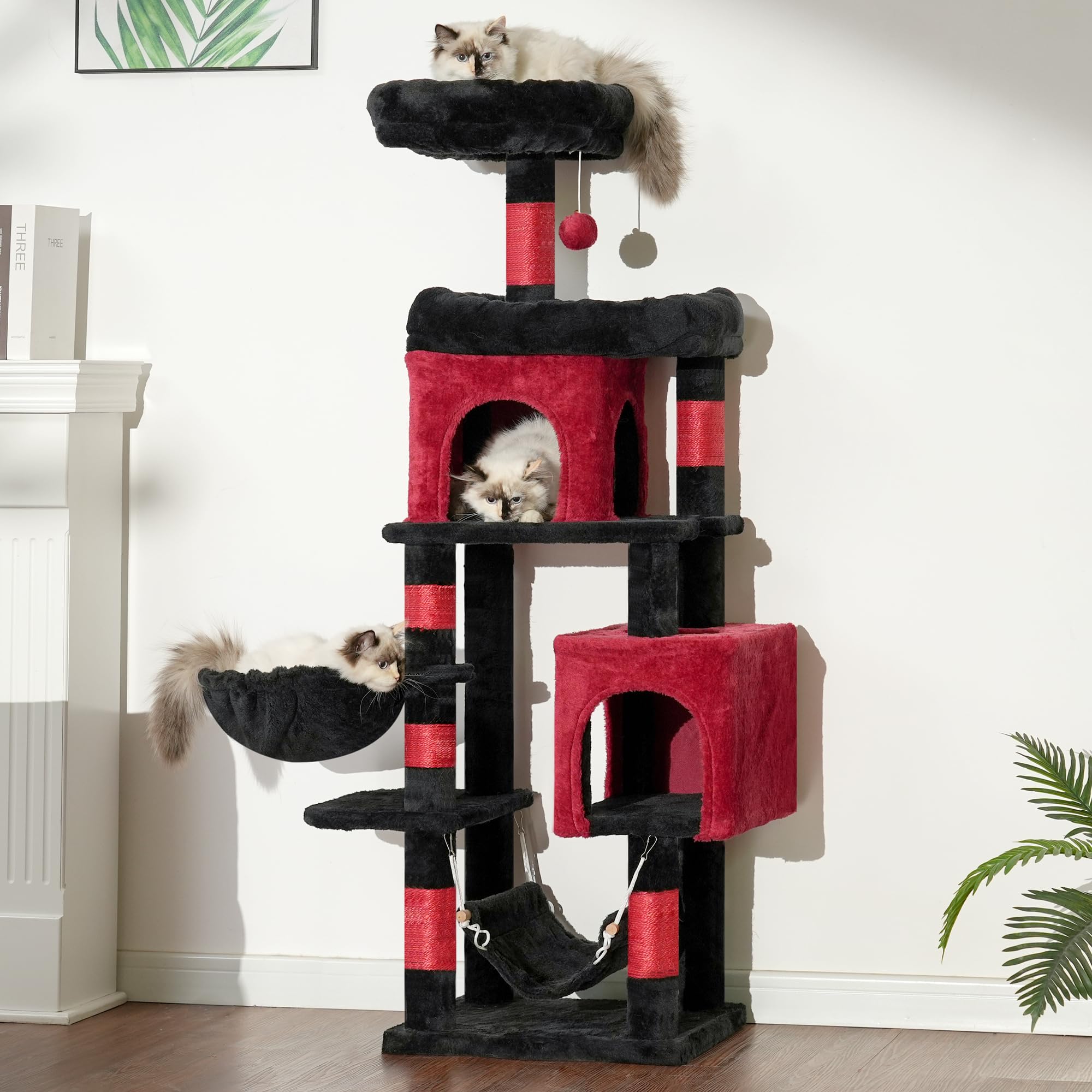 Heybly Albero per gatti con grande piattaforma, torre per gatti a più livelli con 2 caverne, condominio per gatti con 6 pali tiragraffi in sisal, posatoio superiore e amaca per cestino per gatti da