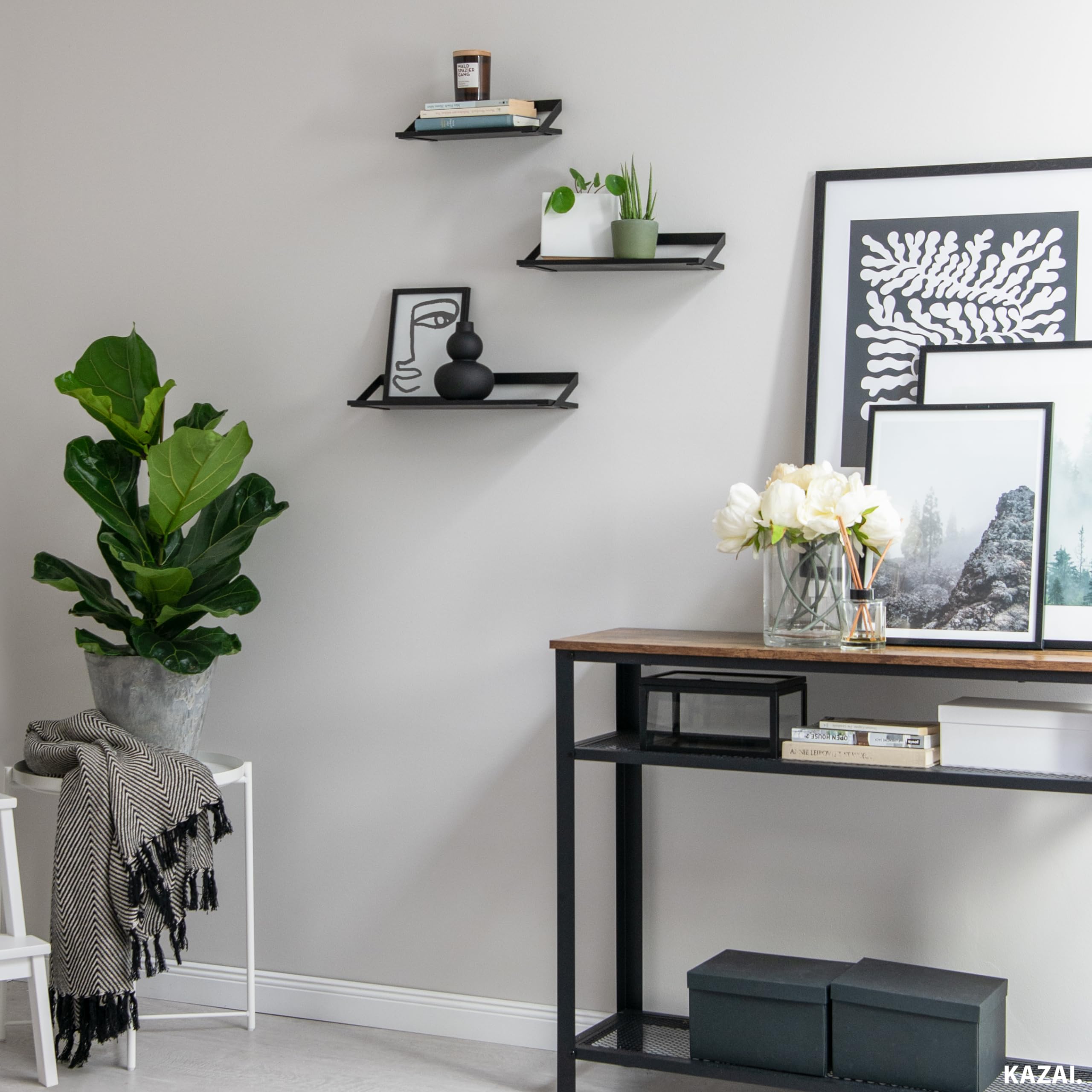 Kazai. Estantes de Pared -Finn- | Juego de Estantes Flotantes de 3 Partes de Metal y Chapa de Madera Real | Decoración de Pared, Almacenamiento y Estante para Salón, Cocina, Dormitorio | Roble, Negro