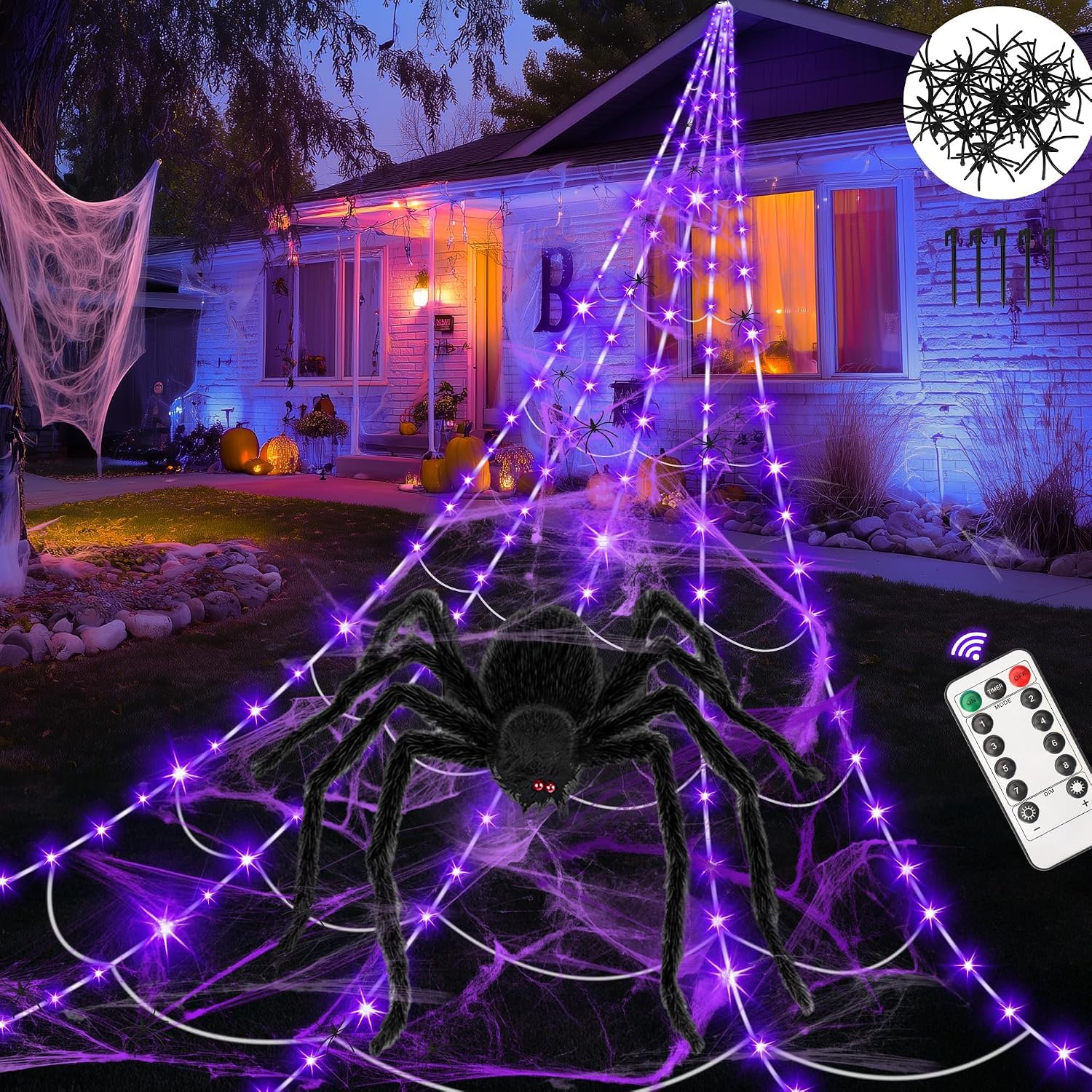 5M Halloween Spinnennetz Outdoor mit 1,5 M Groß Spinne, Halloween Deko | 150 LED Riesen Spinnennetz Leuchtend mit Fernbedienung, 8 Lichtmodi &Timer, für Halloween Deko Hof Garten Party Spukhaus