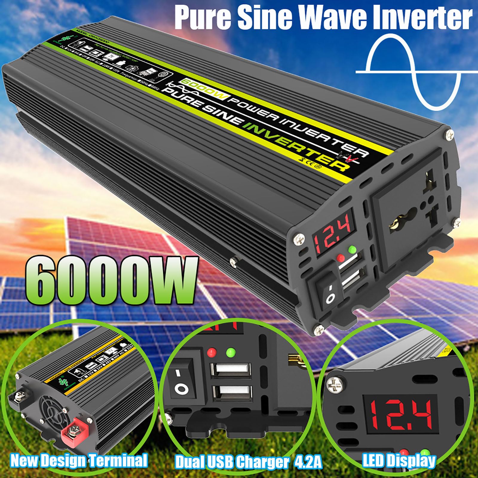1 set completo di kit di alimentazione solare da 6000 W, inverter 12 V CC, pannello impermeabile da 18 W e regolatore di carica da 30 A for avventure all'aperto