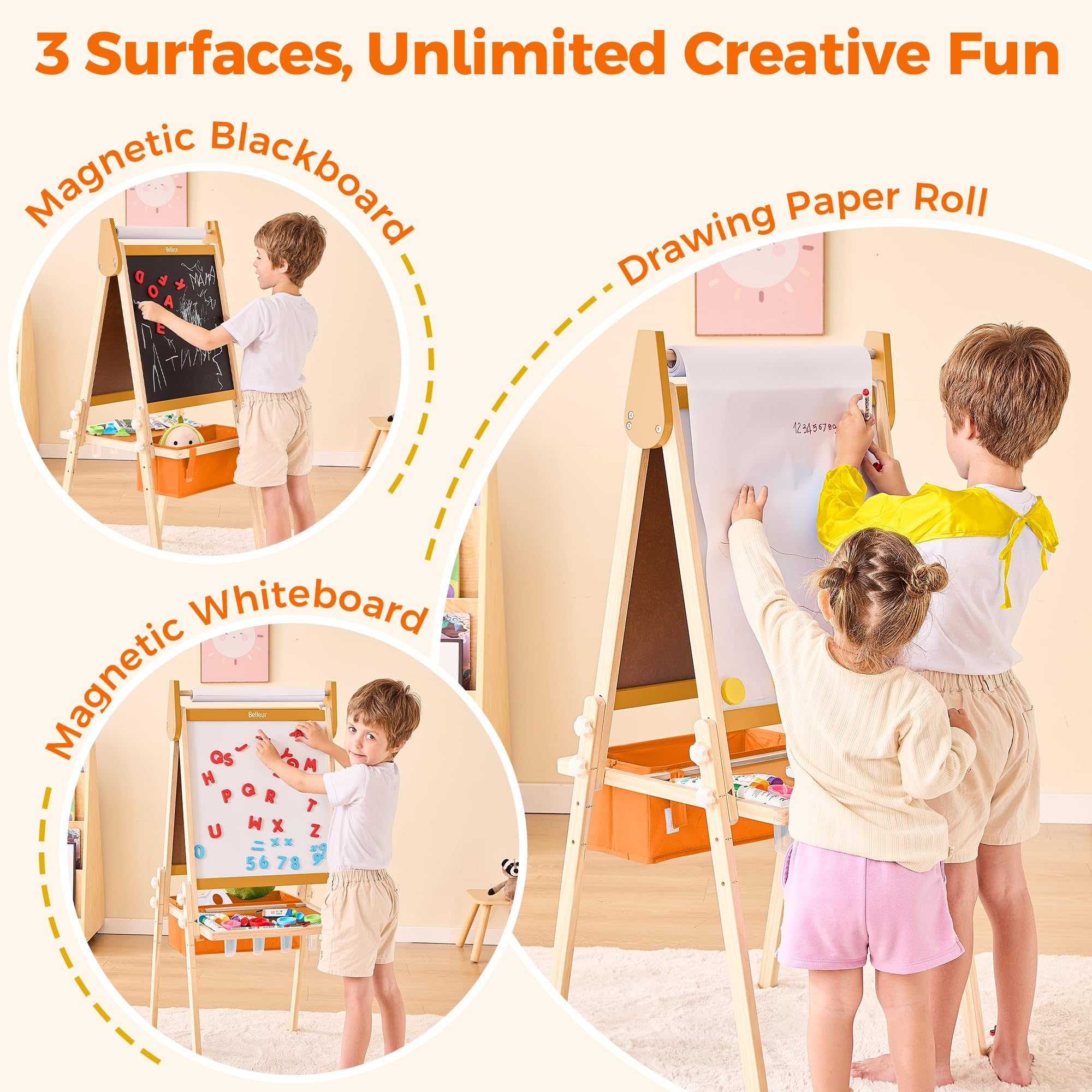 Belleur Chevalet d'art tout-en-un pour enfants avec 2 rouleaux de papier et accessoires de luxe, tableau blanc magnétique double face réglable et tableau noir, chevalet de peinture pour enfants de 2 à