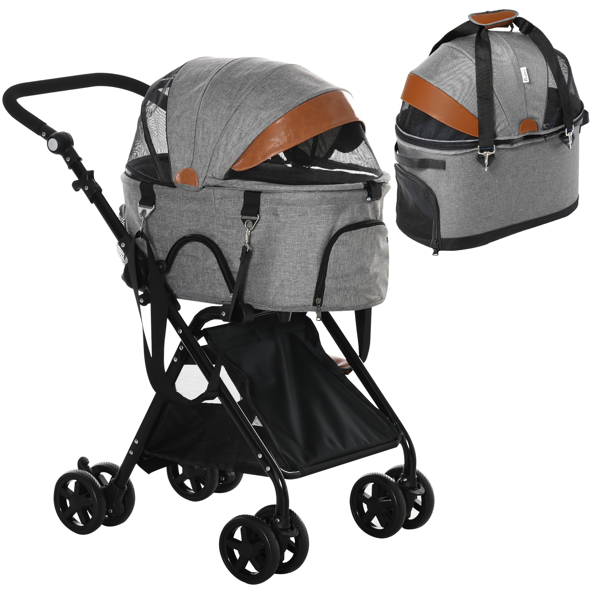 PawHut Cochecito para Perro 2 en 1, cochecito plegable para cachorros, caja para perros, marco de acero, tela Oxford 600D, ventanas de malla, manillar ajustable, gris