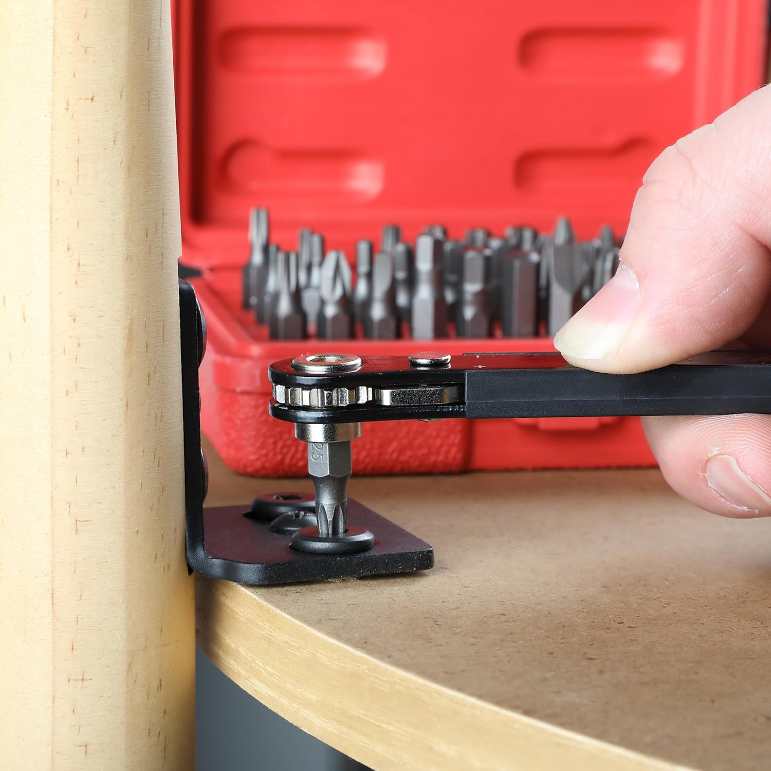 Bates Choice Mini Ratchet Set, 34 pcs, Cr-V Steel, 1/4" Low Profile Right Angle Screwdriver, 1/4 Bit Set, Red Storage Box, Screwdriver Bit Sets