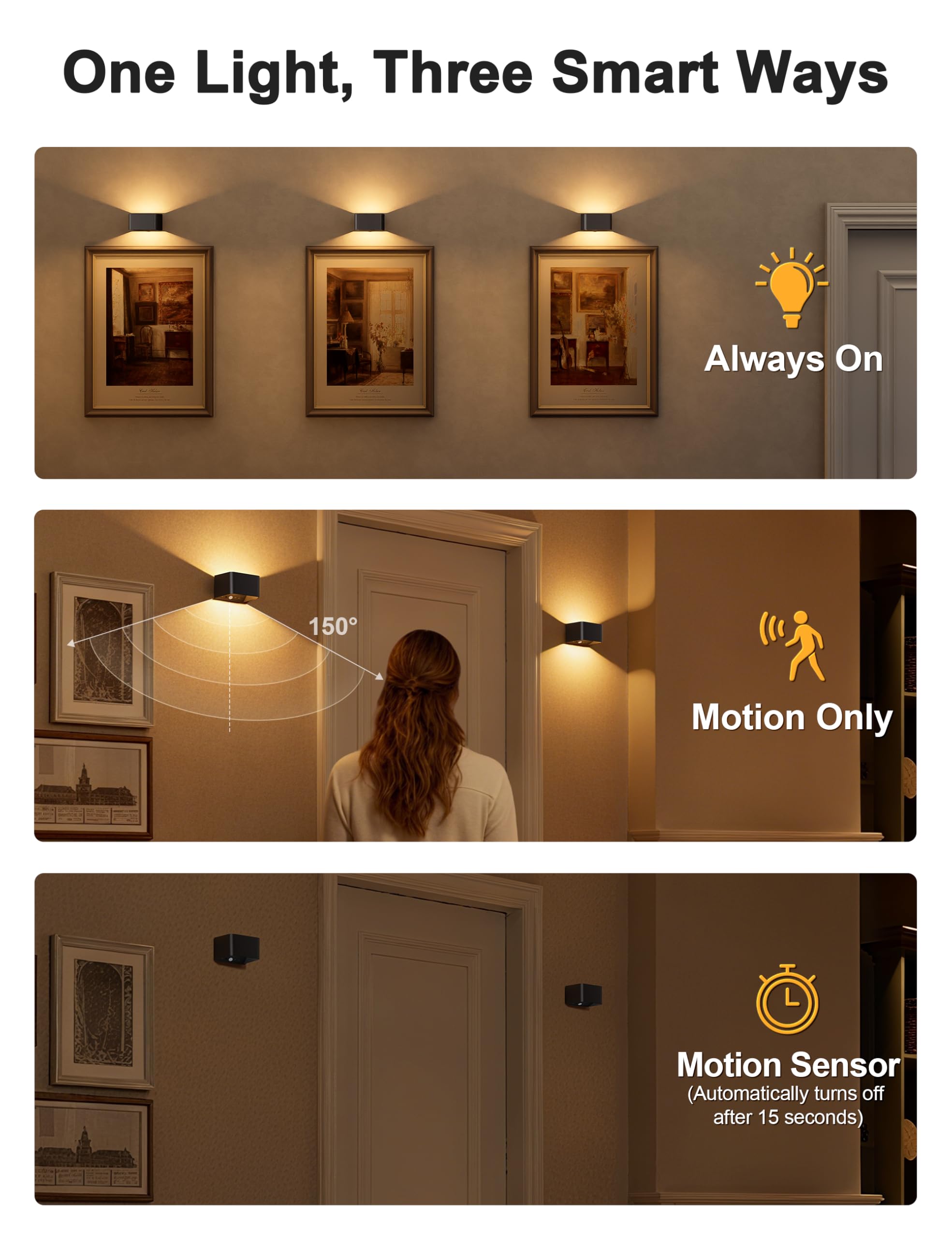 NIORSUN Wandleuchte Innen Akku mit Bewegungssensor, Wandlampe Akku mit Fernbedienung, 3 Farben Wiederaufladbare LED Wandlampe Batteriebetrieben, 5000mAh Wandlicht für Schlafzimmer, Wohnzimmer Black