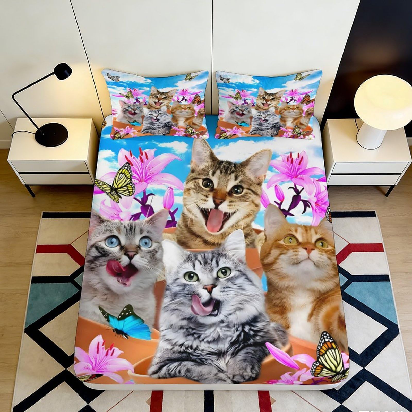 Pnayamiorkfel Style-10 3D Printed Lively Cat Floral Fitted Sheet Microfiber Bedroom Decor Butterfly Mattress Cover Easy Care 90X200x25cm