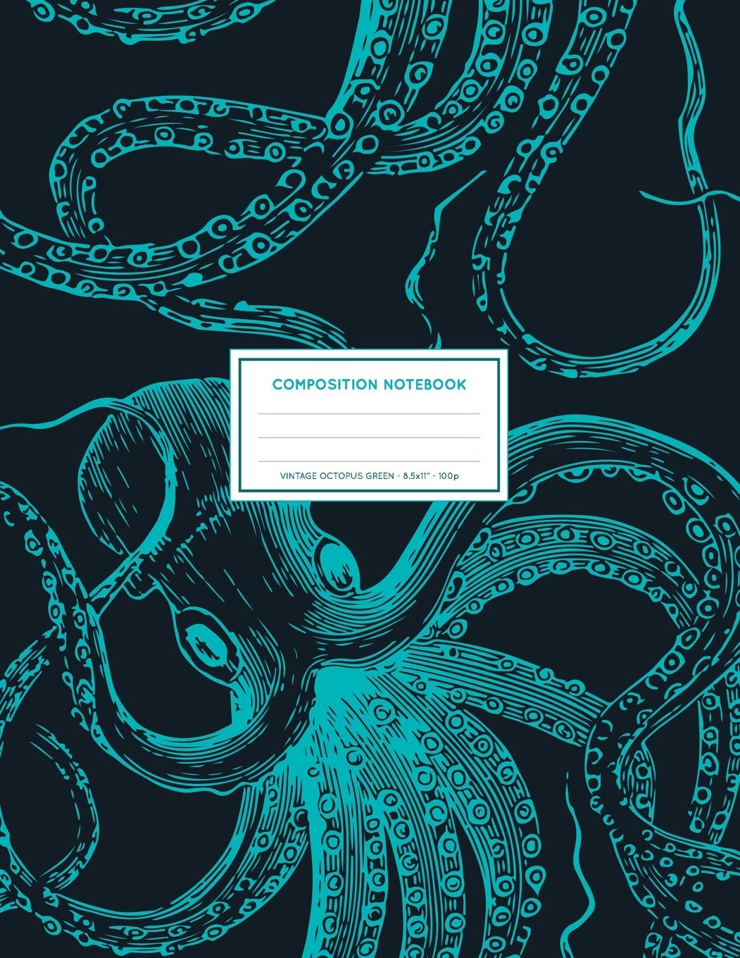 Vintage Octopus Green: Ocean Sea Life Octopus Notebook College Ruled 8.5x11" LARGE 100 Lined Pages