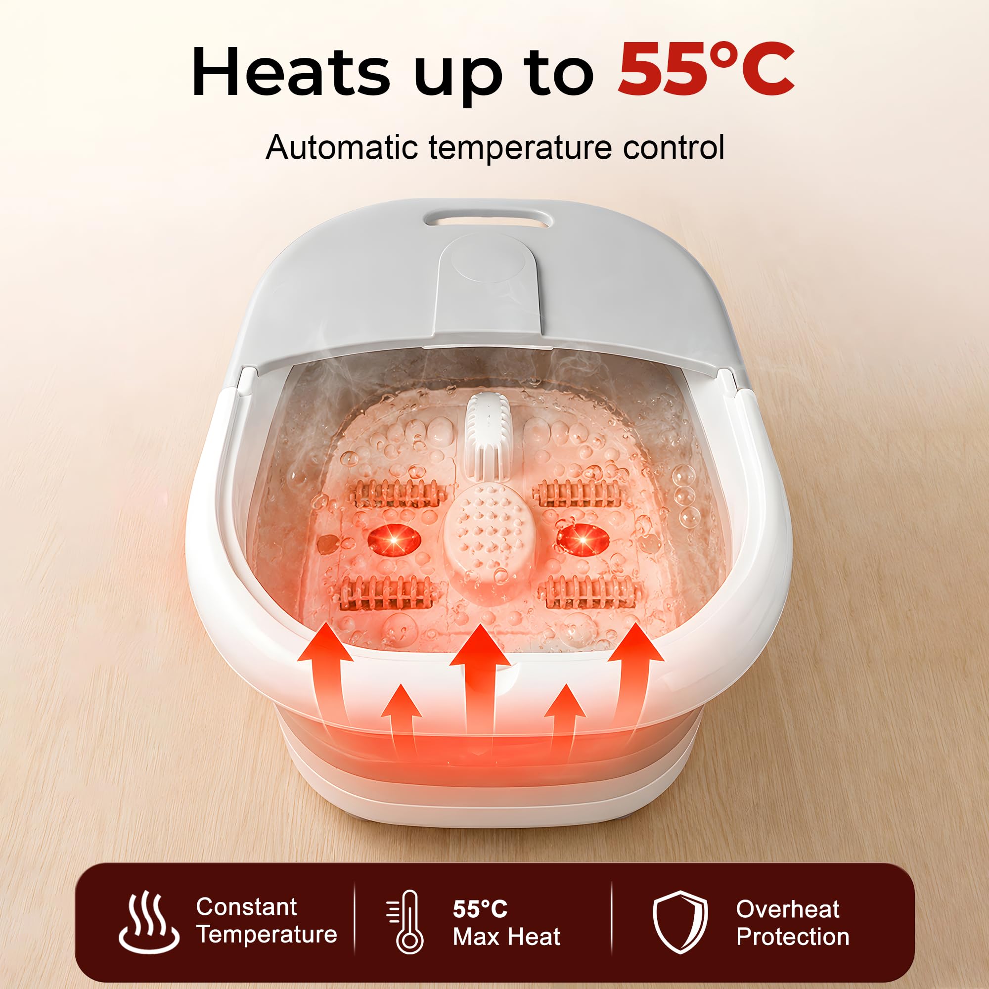 Foldable Foot Massager 500W with Heat, Bubble, Magnetic Therapy - Pedicure Foot Spa Bath with 4 Massage Rollers, Temperature Control, Red Light - Feet Soaking Tub for Relaxation, Stress Relief - Grey