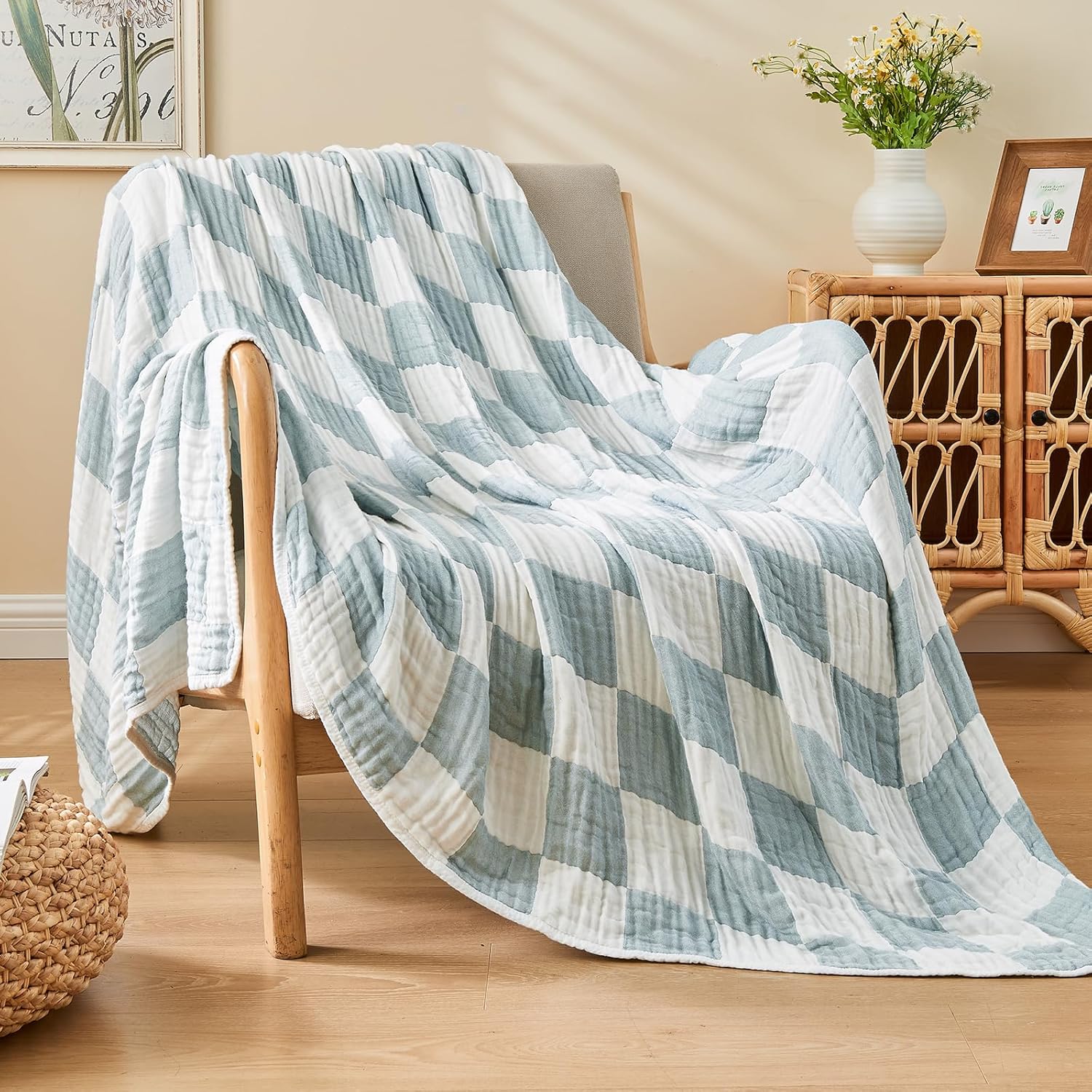 EMME Checkered Throw Blanket Cotton for Couch Soft Muslin Bamboo Blankets 50"x60" Lightweight Breathable Soft Blanket All Season Gauze, Teal - Image 6