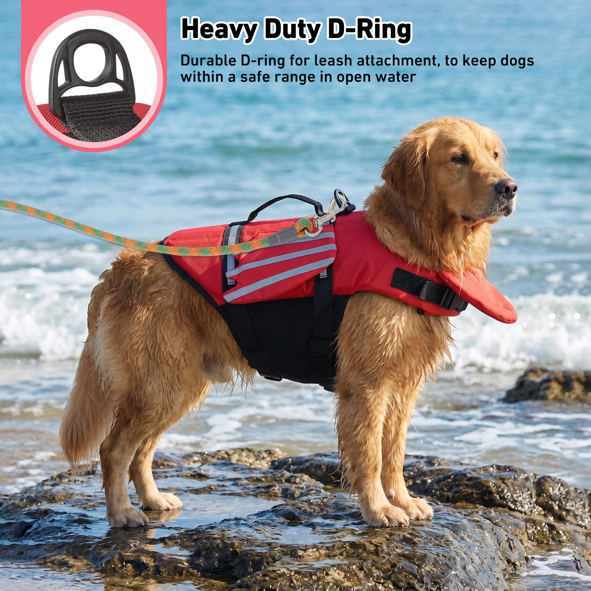 Petglad Hundeschwimmweste, Flügel Hundeschwimmweste mit Kinn-Schwimmer-Rettungsgriff für kleine, mittelgroße und große Hunde, verstellbare hohe Sichtbarkeit, Bootfahren (Rot, XS)