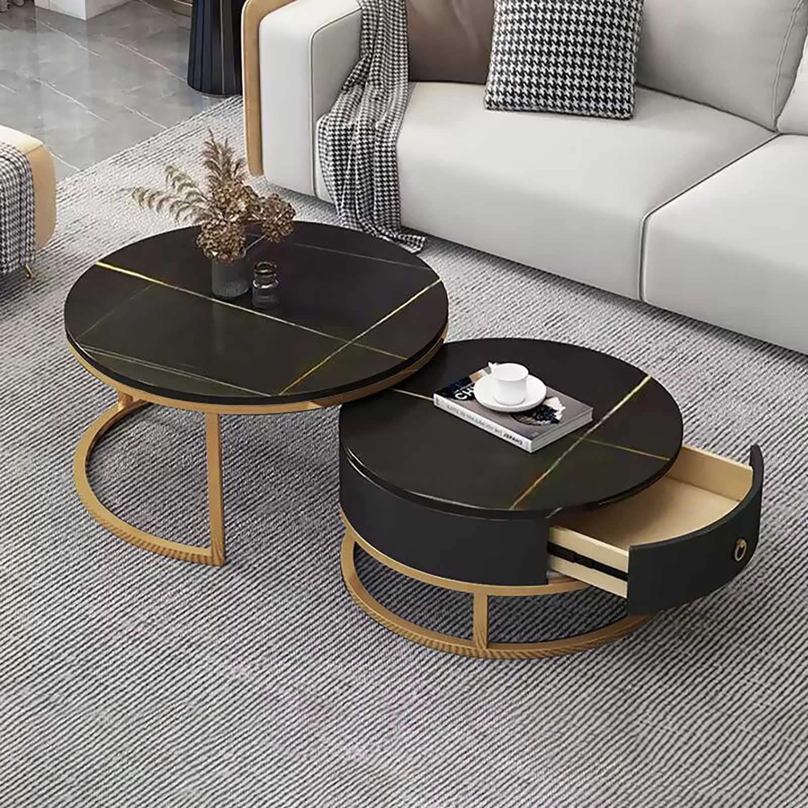 Klydbmyt Modern Nesting Coffee Table Set Of 2 With Drawer Storage Marble Texture And Metal Frame Living Room Furniture Decor & Multipurpose Use