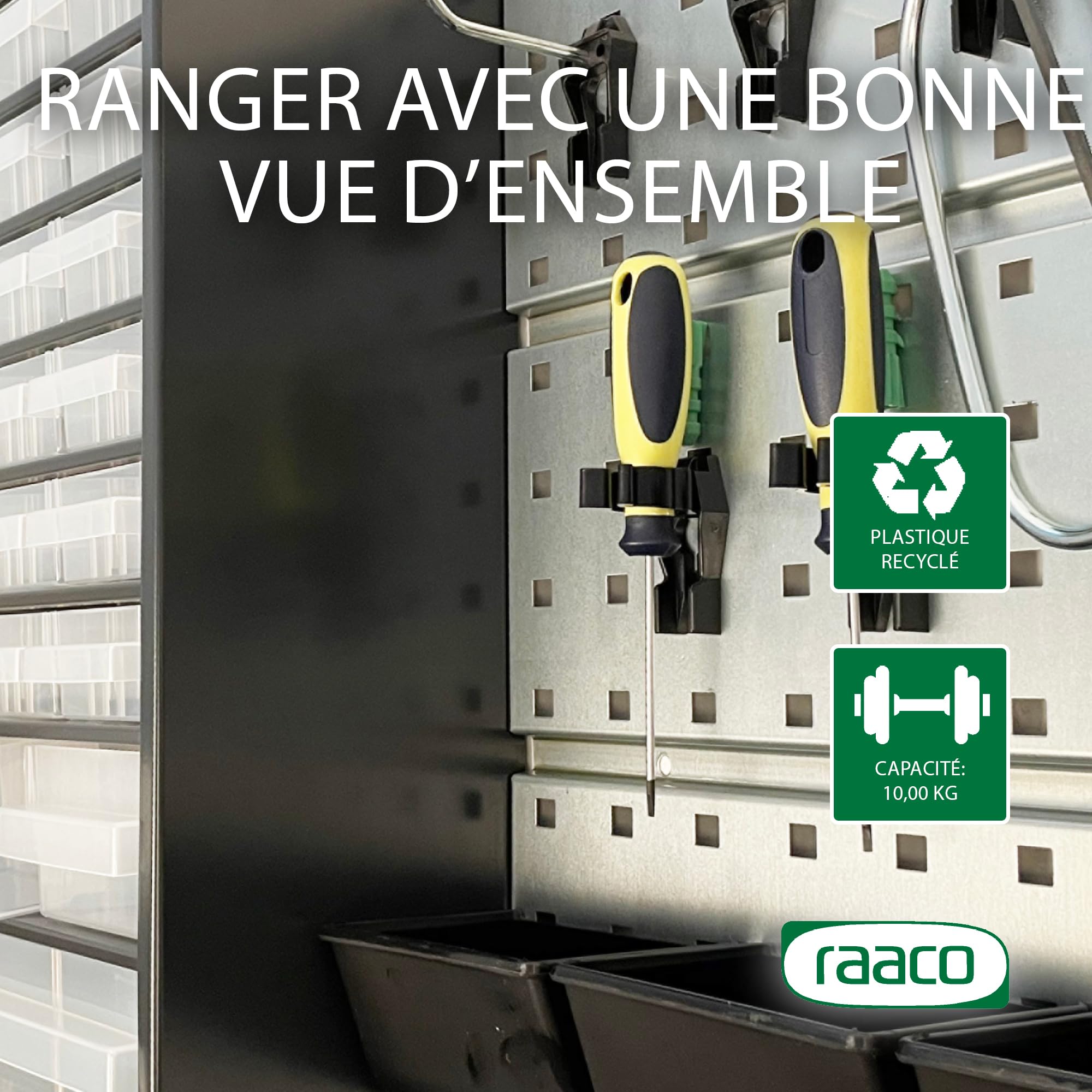 Raaco Start Set 1 kit Mural Atelier, Mur d'Outils avec Panneau Perforé | Mur d'Outils avec Panneau Perforé + Porte-Outils + Boîtes de Rangement Visserie + Casiers à Tiroirs pour Système - accessoire