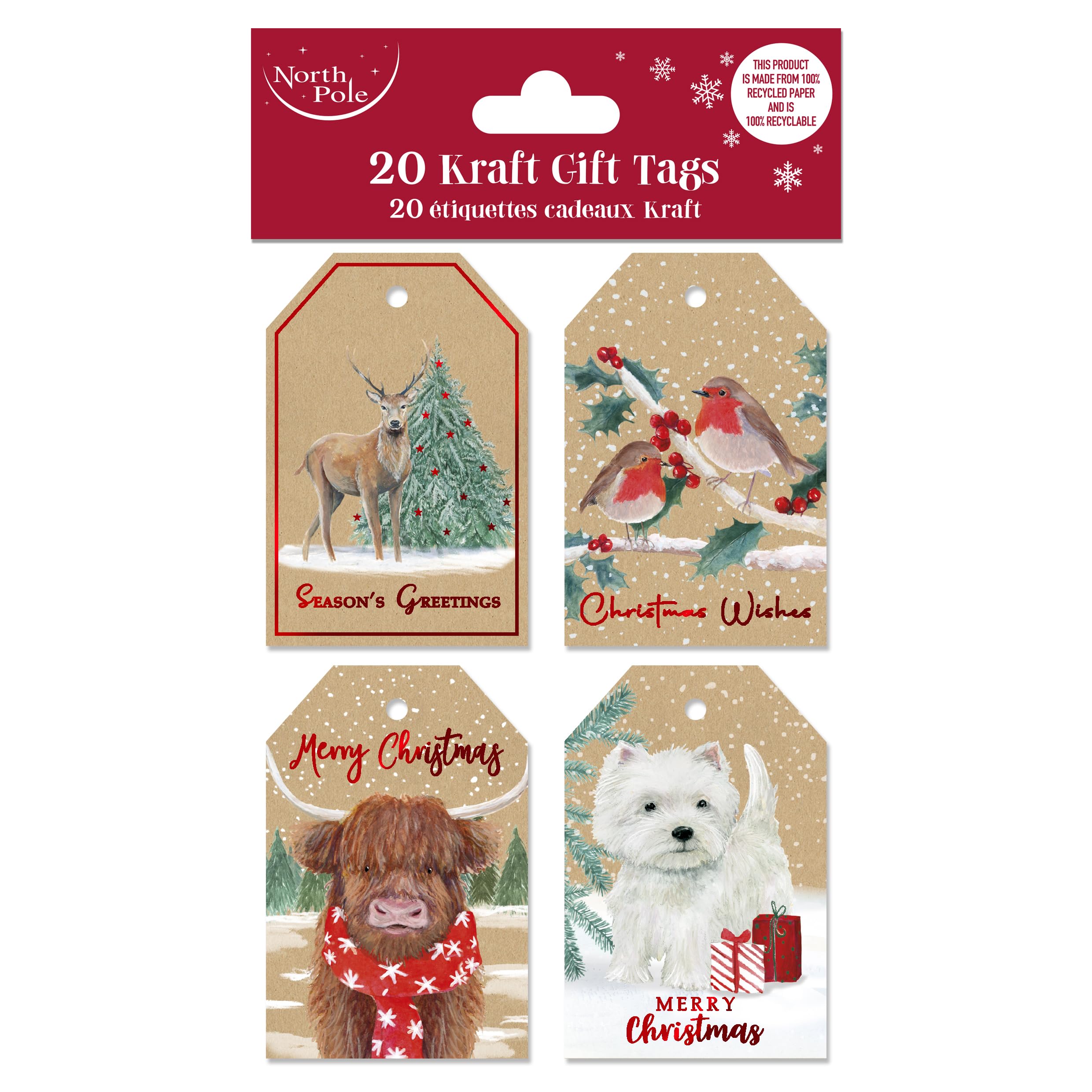 Eurowrap Brown 20 Christmas Traditional Kraft Gift Tags – 4 Assorted Festive Designs – 100% Recycled Kraft With Foil – Pre-Strung With Natural Raffia – 6 X 9 Cm
