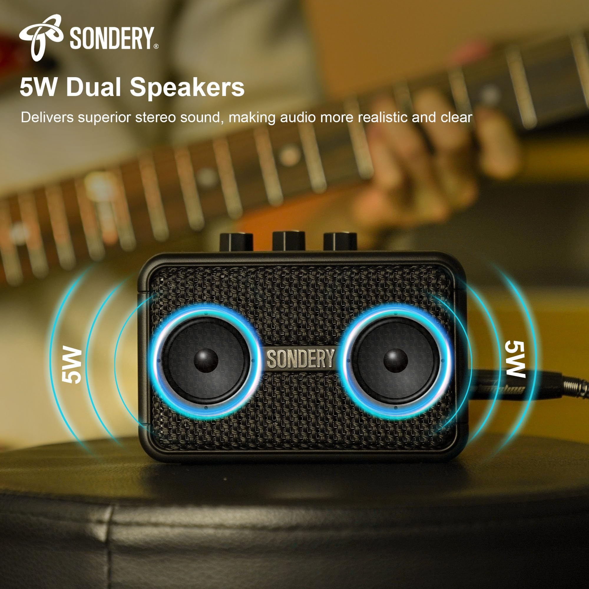 Sondery Mini amplificador de guitarra portátil, amplificador eléctrico pequeño recargable de 5 W | Con efectos de sobremarcha/limpieza y Bluetooth, dos altavoces, para practicar y viajar, color negro