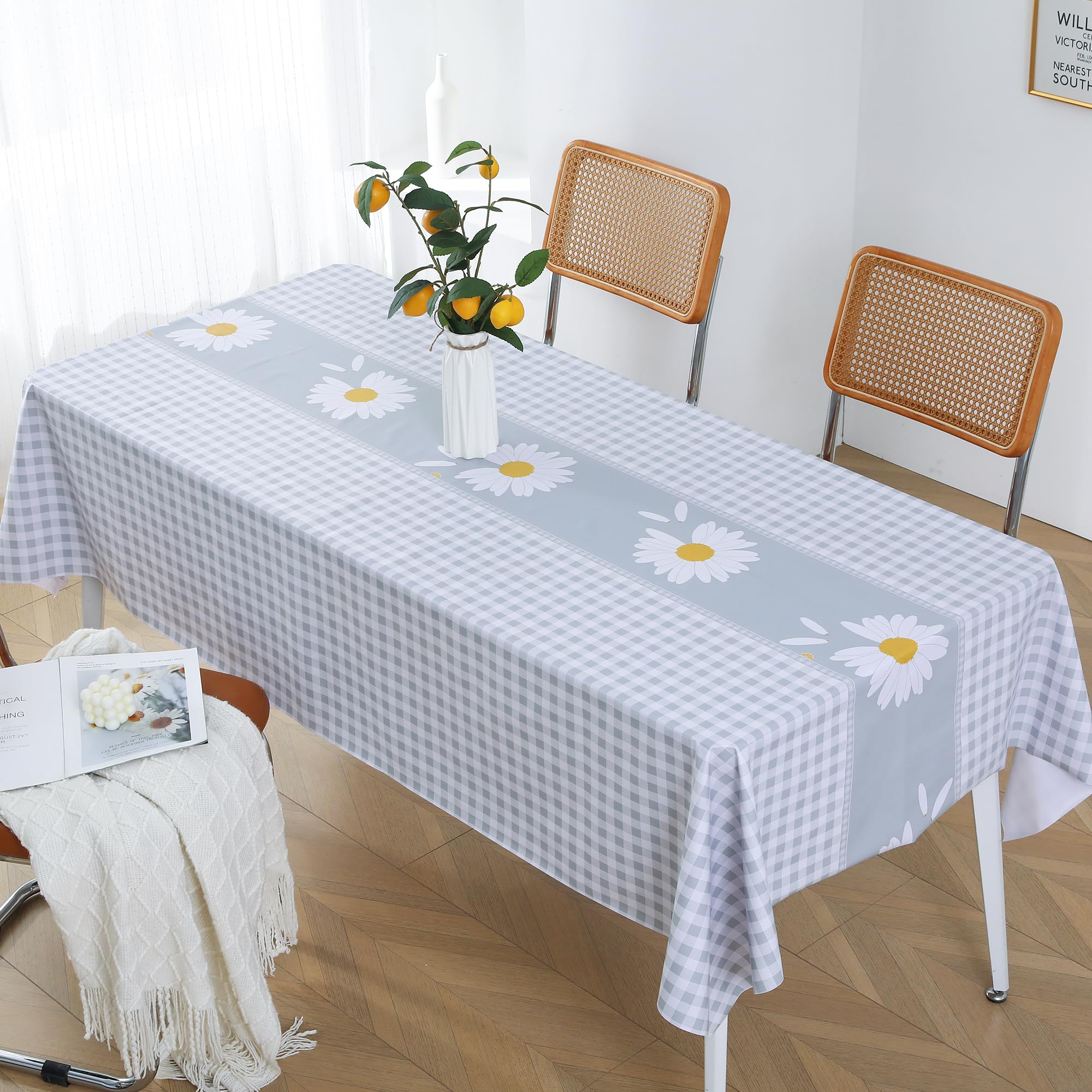 Rayapot Tovaglia Plastificata Rettangolare 140×180cm,Tovaglie in Plastica PVC Lavabile Impermeabile e Antimacchia,Facile da Pulire,Copritavolo per Cucina e sala da Pranzo-Griglia di Crisantemo Grigio