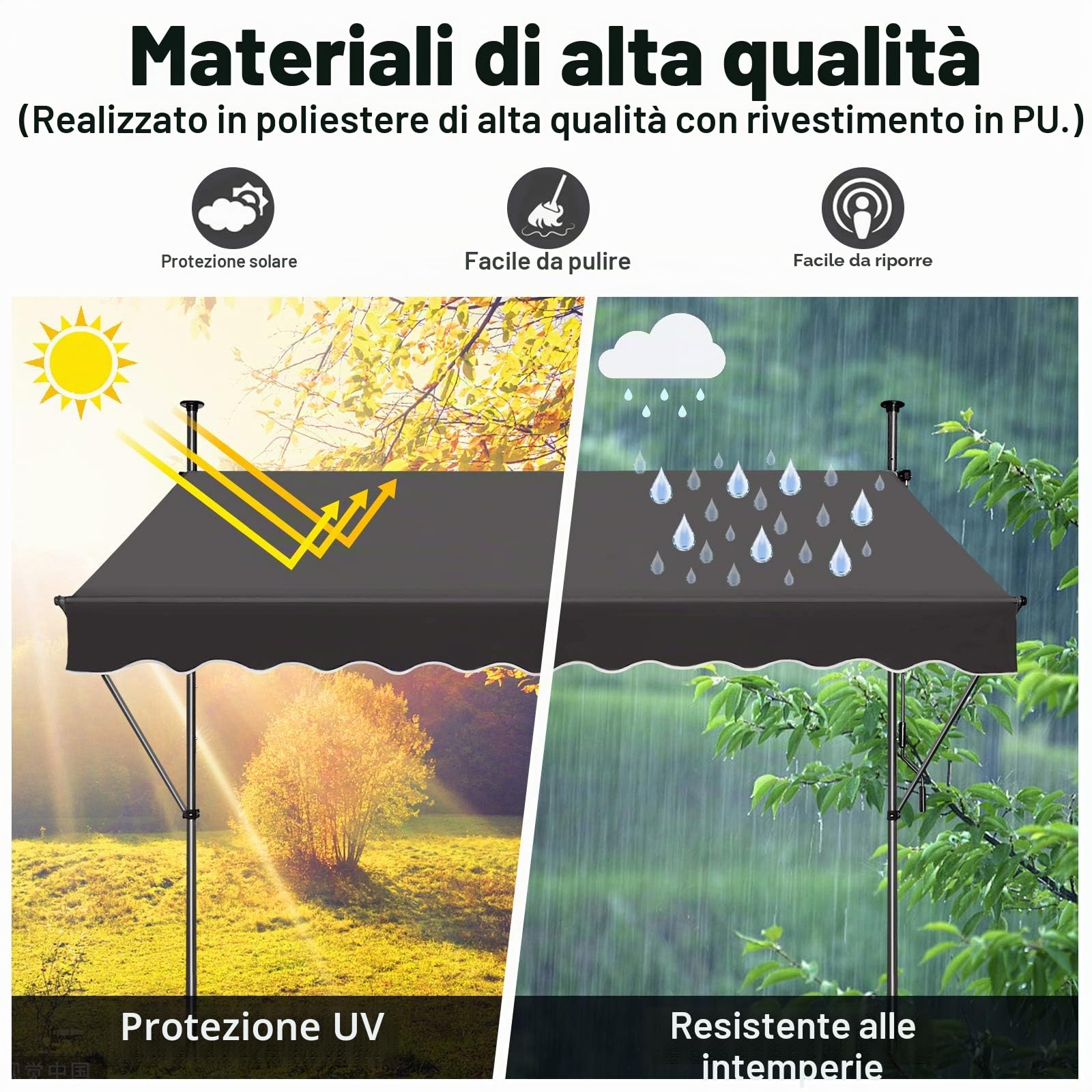 LZQ - Tenda da sole a clip per balcone, tenda retrattile manuale, manovella, regolabile in altezza, resistente ai raggi UV, senza fori, 100% poliestere, grigio scuro, 200 x 120 cm