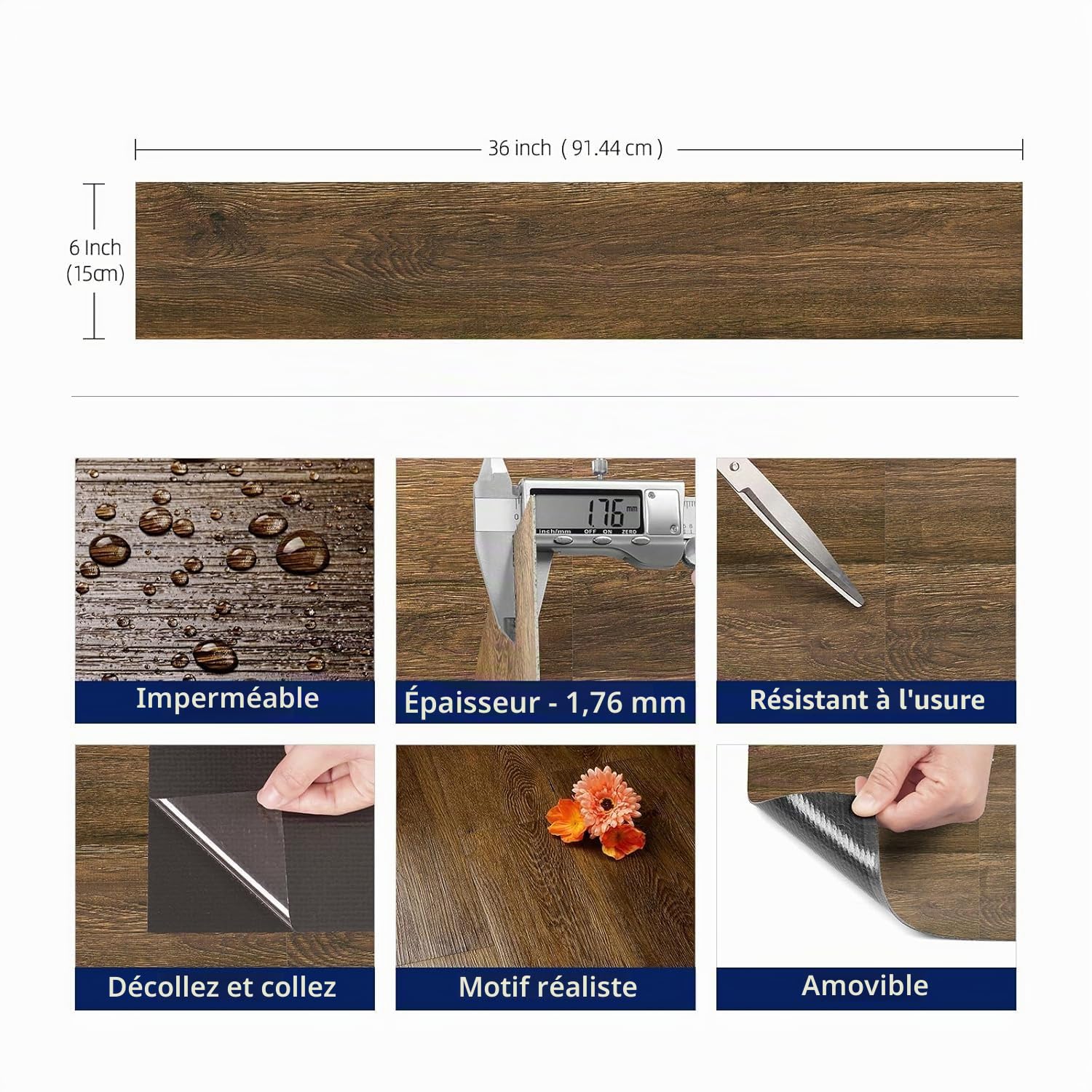 FunStick 90×15CM 35 Dalles PVC Adhesive Sols Imitation Carrelage Adhesif Sol Cuisine Salon Effet Bois Revetement de Sol PVC Lino Camping Garage Marron Dalle Vinyle Sols Adhesive Salle de Bain Bois
