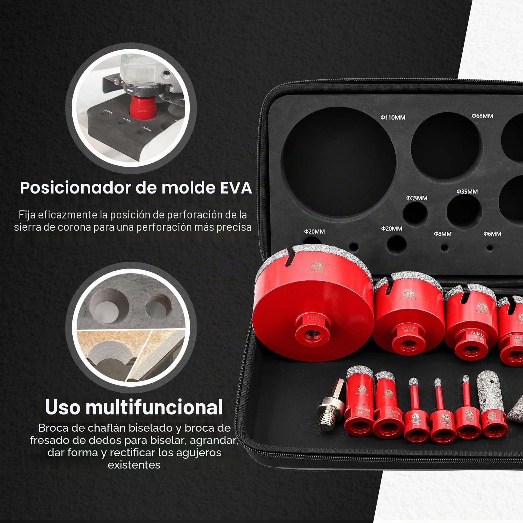FOCSTOL Juego de Brocas Diamante - 13 piezas (6/6/8/20/25/35/50/68/110mm+20mm Fresa+50mm Broca Chaflán Biselado+Adaptador+125mm Disco) Corona Diamante Porcelanico para Cerámica Mármol Granito