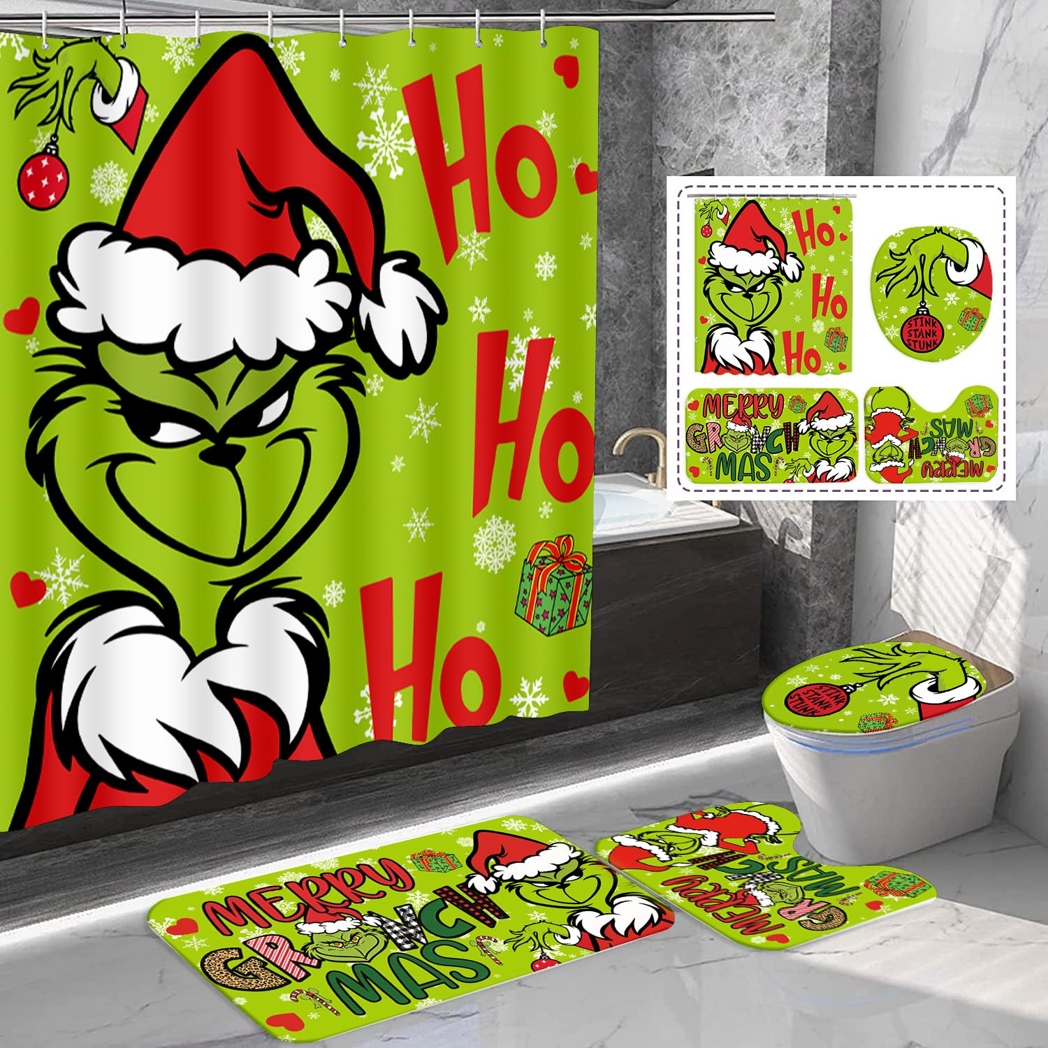 Photo 1 of ***STOCK IMAGE FOR REFERENCE***
4 Pcs Christmas Bathroom Set, Christmas Shower Curtain Sets Ho Ho Ho Shower Curtain Non-Slip Rugs Toilet Lid Cover and Bath Mat Set 72 X 72 Inches with Hooks Christmas Holiday Bathroom Decor (styleC)
