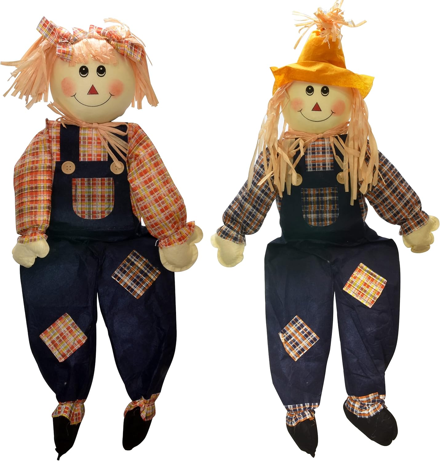 Gift Boutique Thanksgiving Sitting Scarecrow Decor, 36" Large Boy Girl Sitting Scarecrows Deluxe Indoor Outdoor Fall Decoration for Home Porch Yard Garden Fireplace Mantle