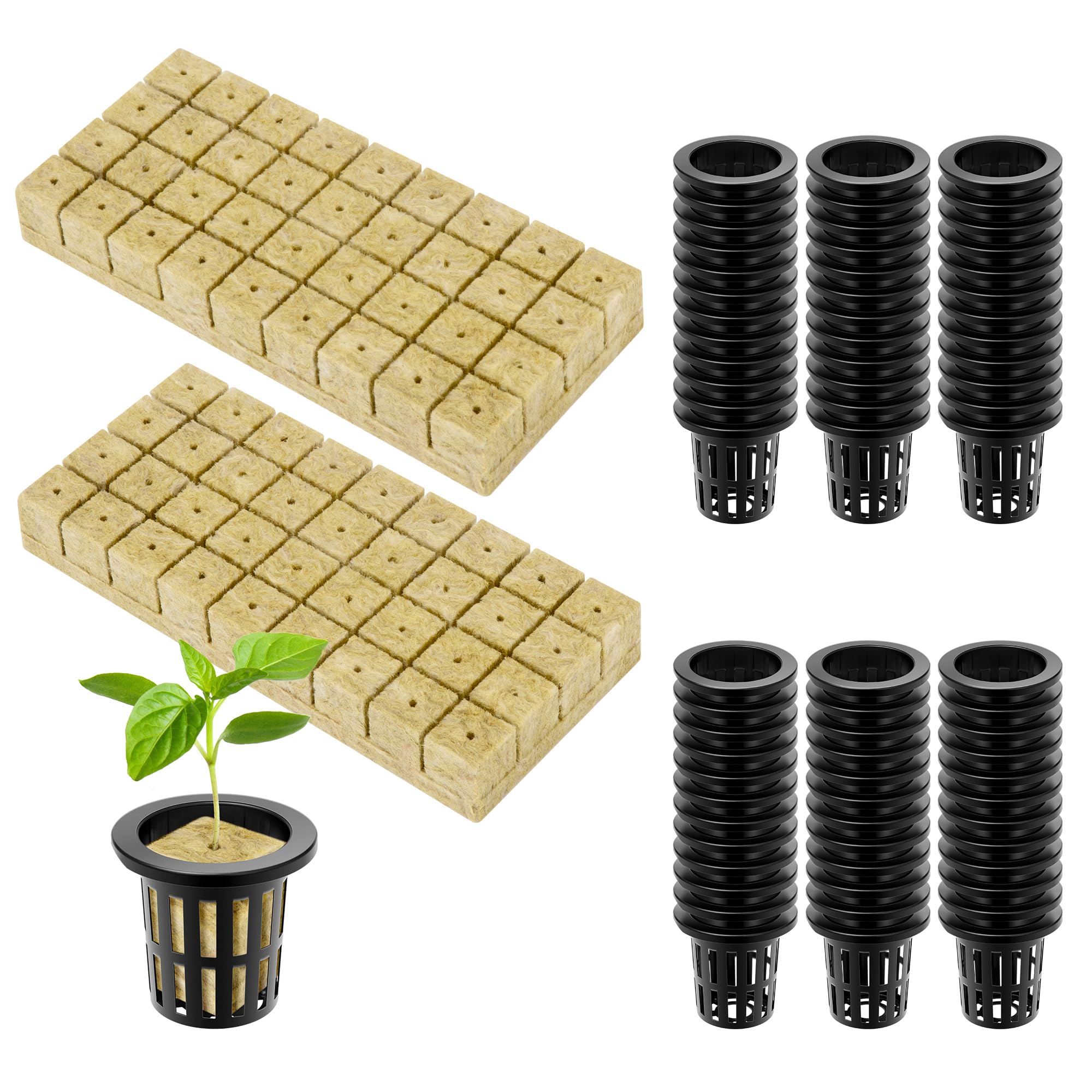 VIVOSUN72 Rockwool Cubes & Net Pots Set for Hydroponics, 1.2” x 1.2” x 1.6” Cubes, 72 Plugs & 72 2” Net Cups for Hydroponic Growing, Seed-Starting, Cloning, Tower Gardens