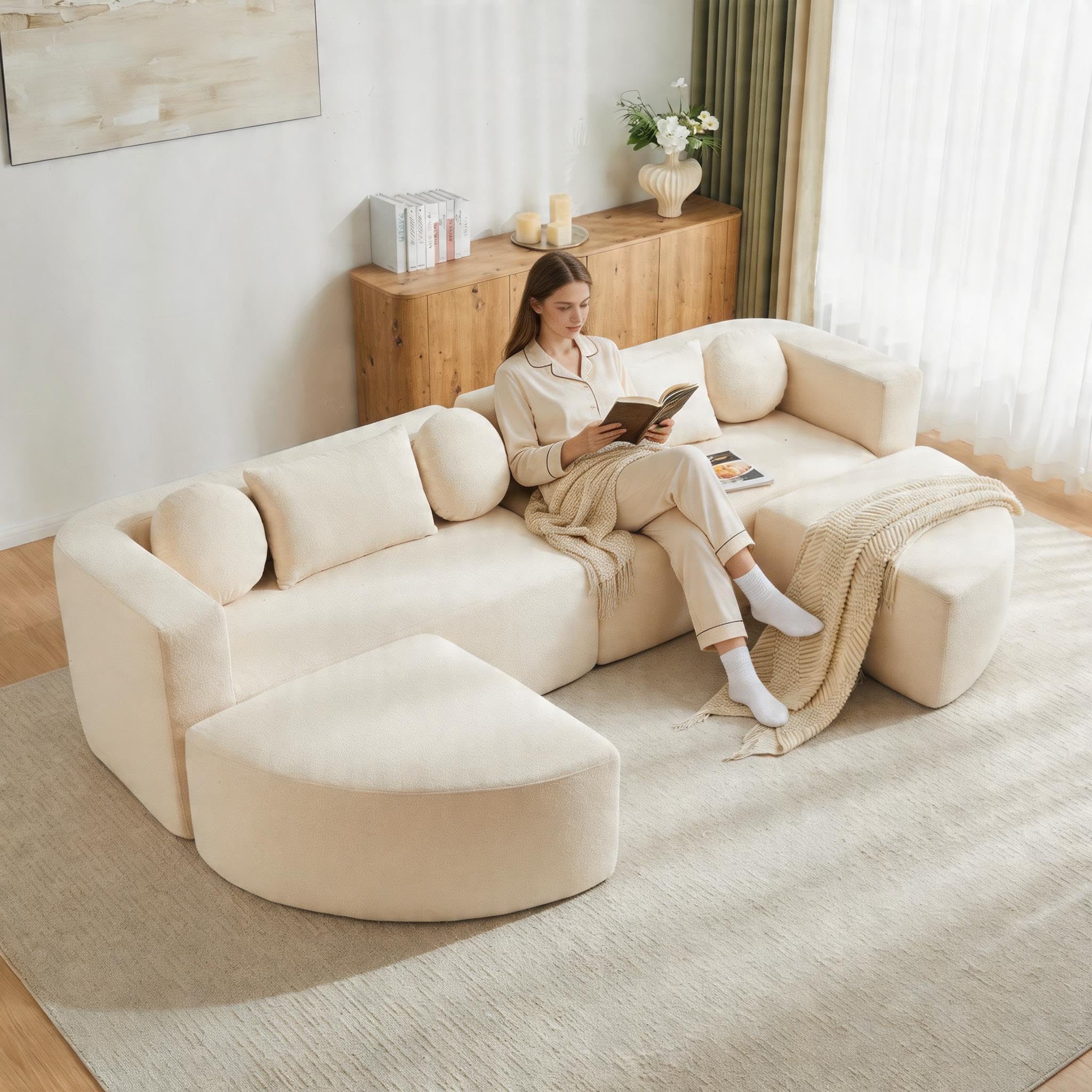 Cloud sofa modułowa, sofa do spania z funkcją spania, pokrowiec szenilowy, beżowa, szer. 292 x gł. 165 x wys. 68 cm, natychmiast gotowa do użycia