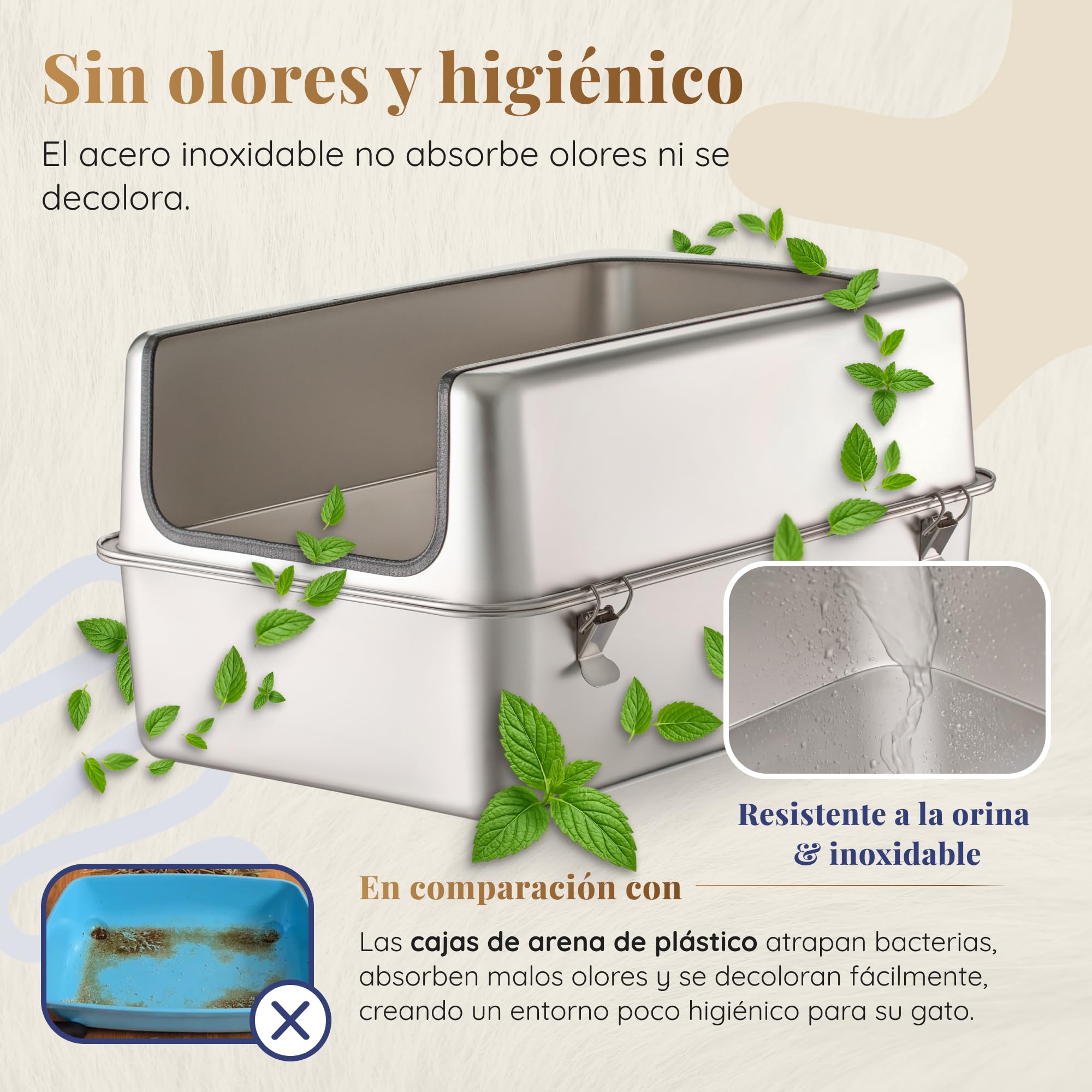 Arenero Acero Inoxidable Gatos – Caja de Arena para Gatos XXL – Capacidad de 38 L – Superficie Antiadherente – Sin olores y Antiadherente – Incluye Pala para Arena y Alfombrilla – 60 × 40 × 32 cm