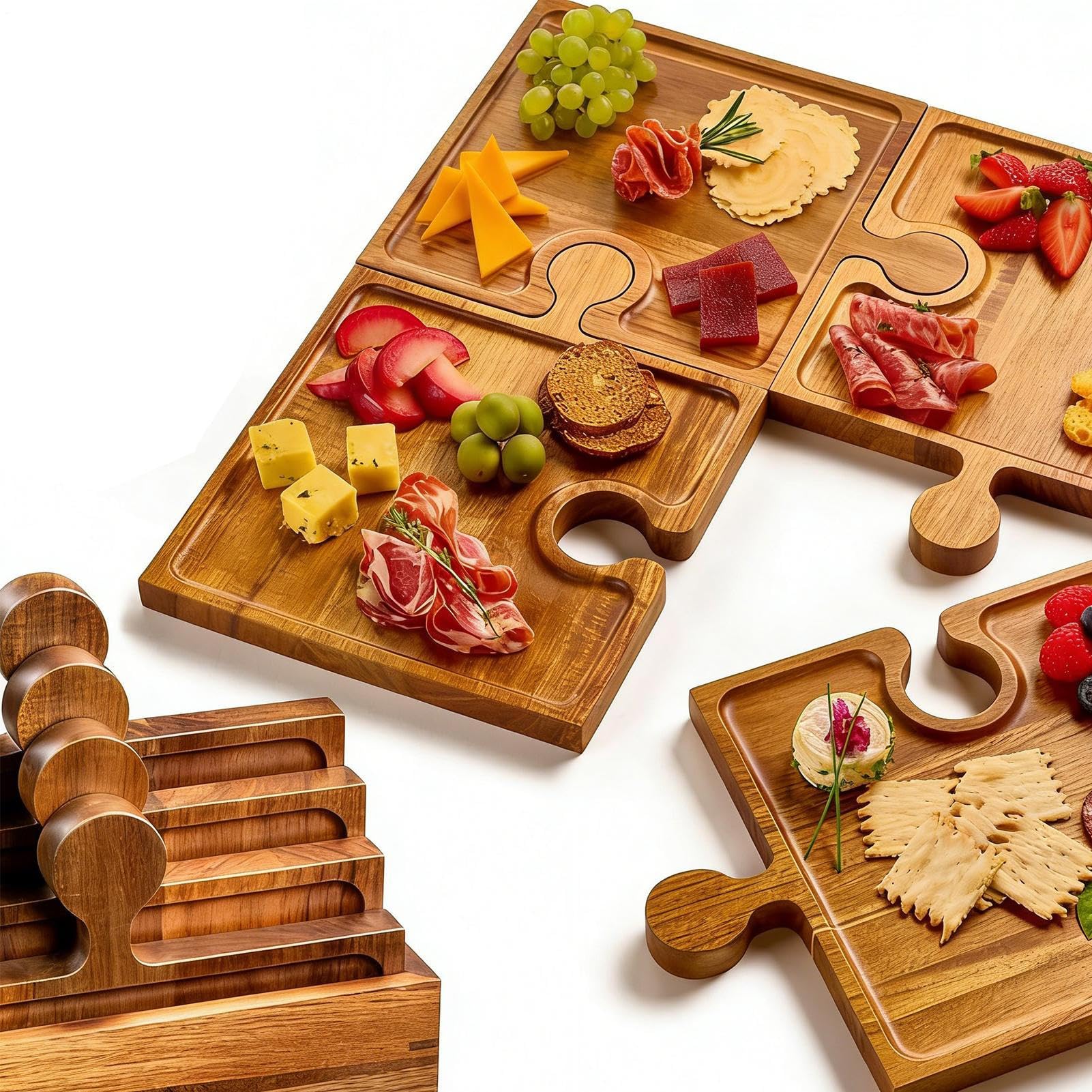 Bandejas De Servir para Juego De Presentación con Diseño De Puzzle | Tabla de Quesos y Embutidos con Asas Para Carne Fruta Queso Aperitivo Tarta Postre Cocina Hogar Mesa Buffet