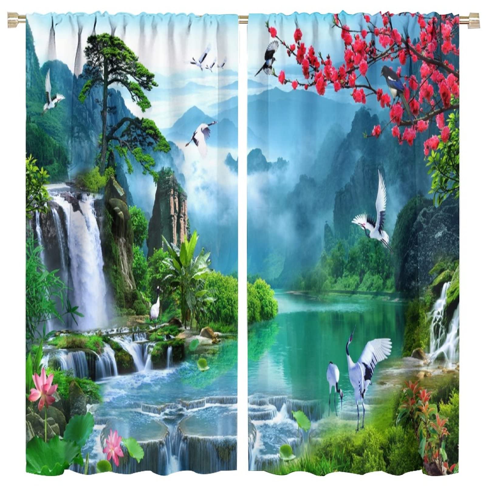 Waterfall Curtains Plum Blossom Crane Spring Forest Nature Landscape Theme Rod Pocket Blackout Window Drapes 2 Panels Set for Bedroom Living Room
