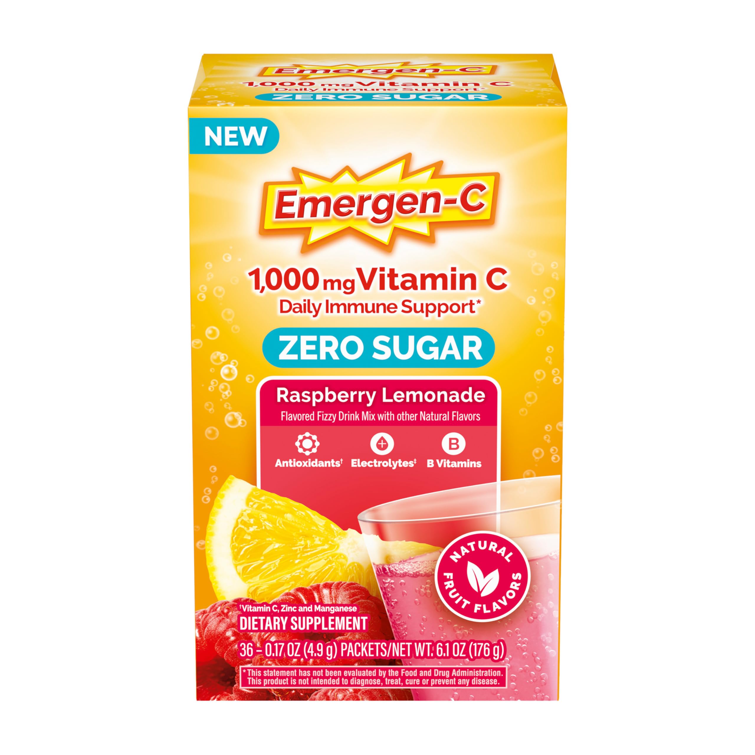 Emergen-CZero Sugar 1000 mg Vitamin C Powder for Daily Immune Support Caffeine Free Vitamin C Supplements with Zinc and Manganese, B Vitamins and Electrolytes, Raspberry Lemonade Flavor - 36 Count