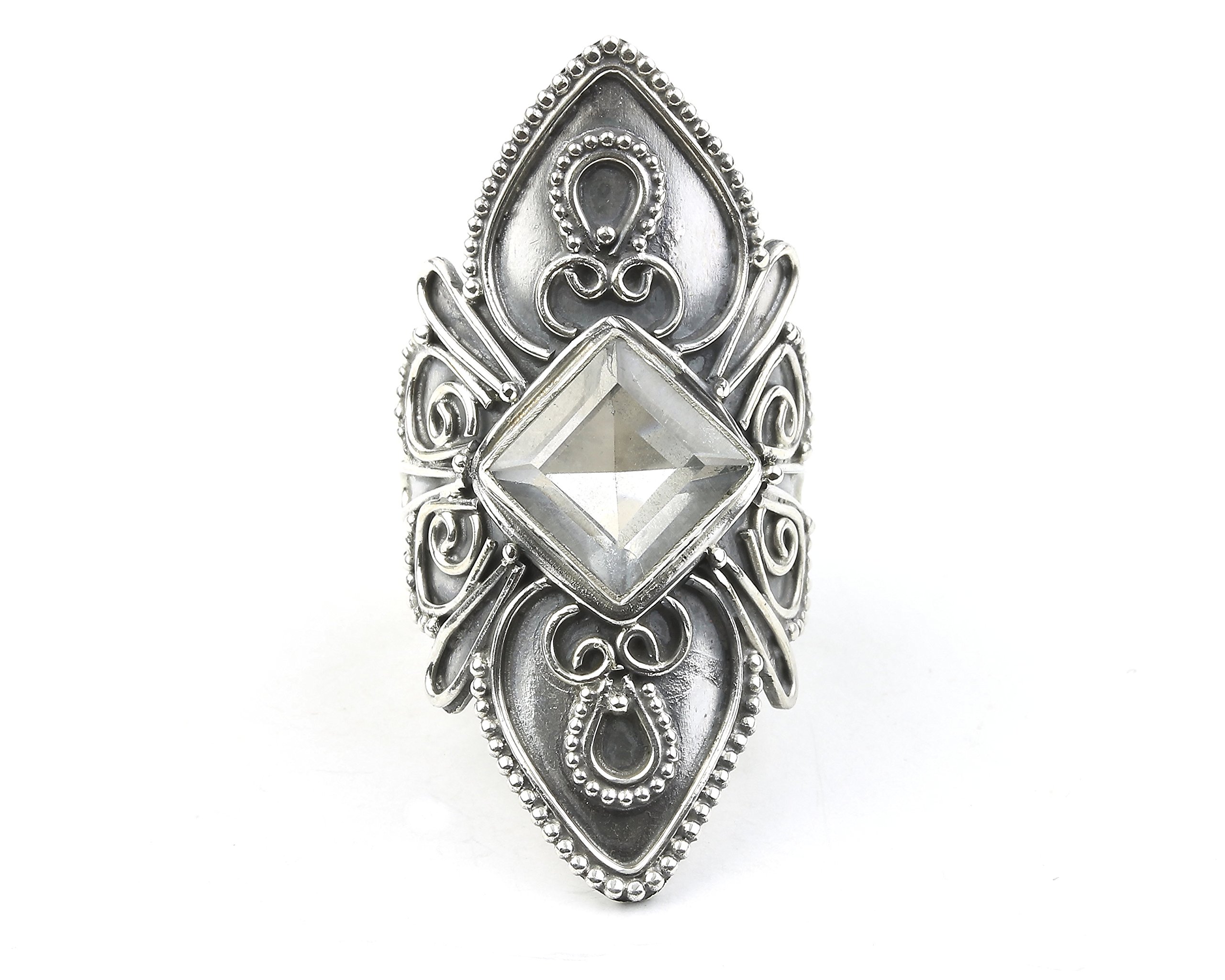 Ice Warrior Ring, LARGE Sterling Silver Quartz Crystal Ring, Statement Piece, Shield, Full Finger Ring, Boho, Festival, Gypsy