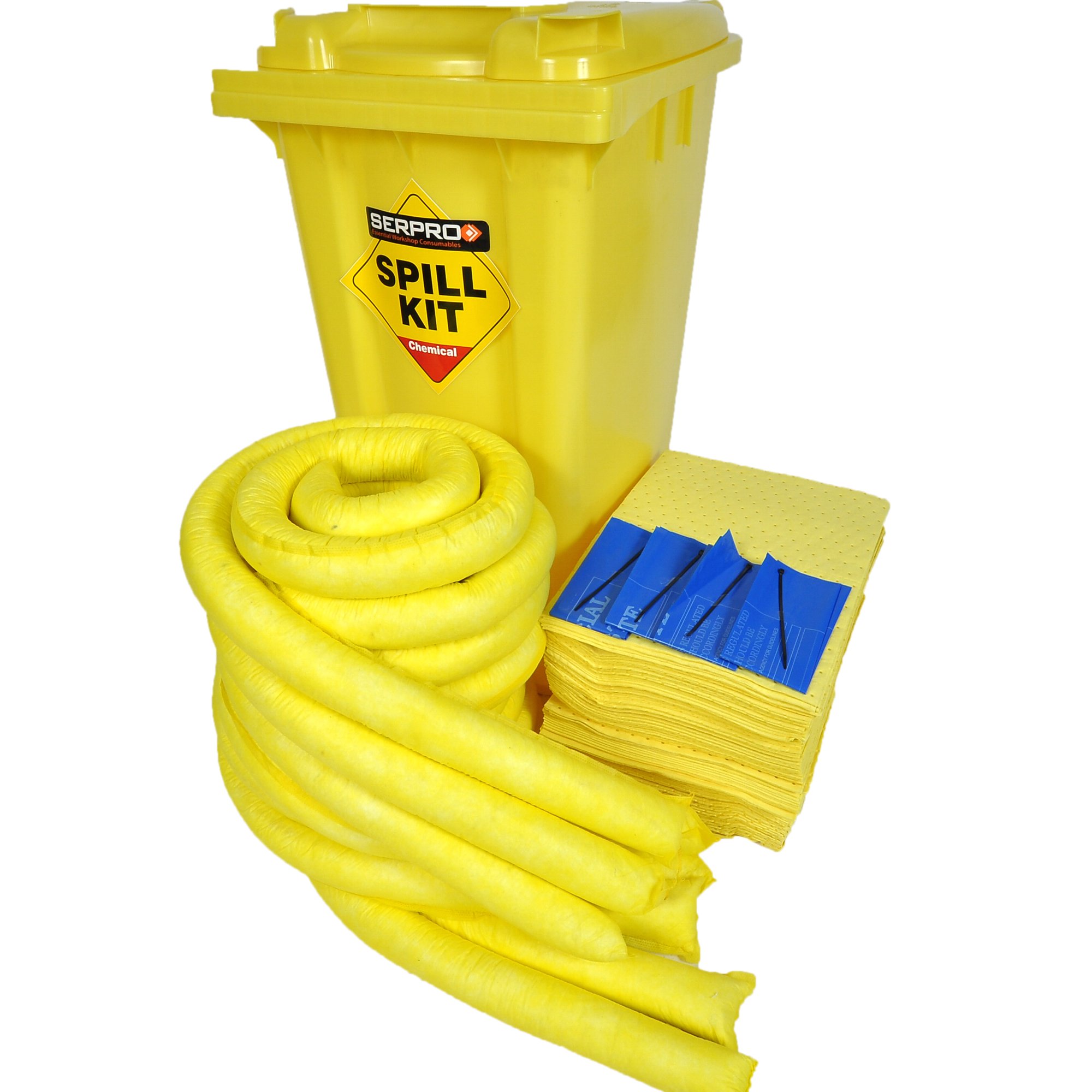 200 Litre Chemical/Universal Mobile Spill Kit with Absorbents - Heavy-Duty Hazmat Cleanup Solution in a Wheeled Bin