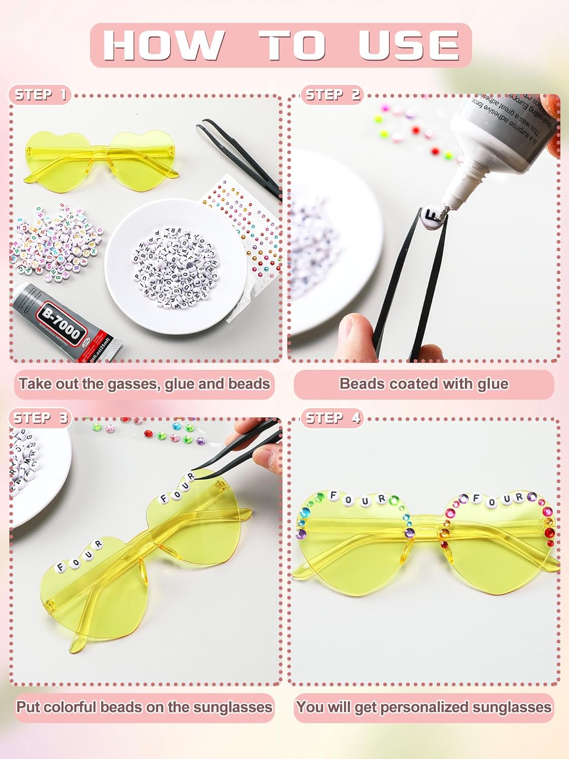 30 Pairs DIY Sunglasses Decorating Kit Heart Shaped Glasses Bulk Popular Party Favors with Letter Beads Rhinestones Stickers and Glues for Holiday Women - Image 3
