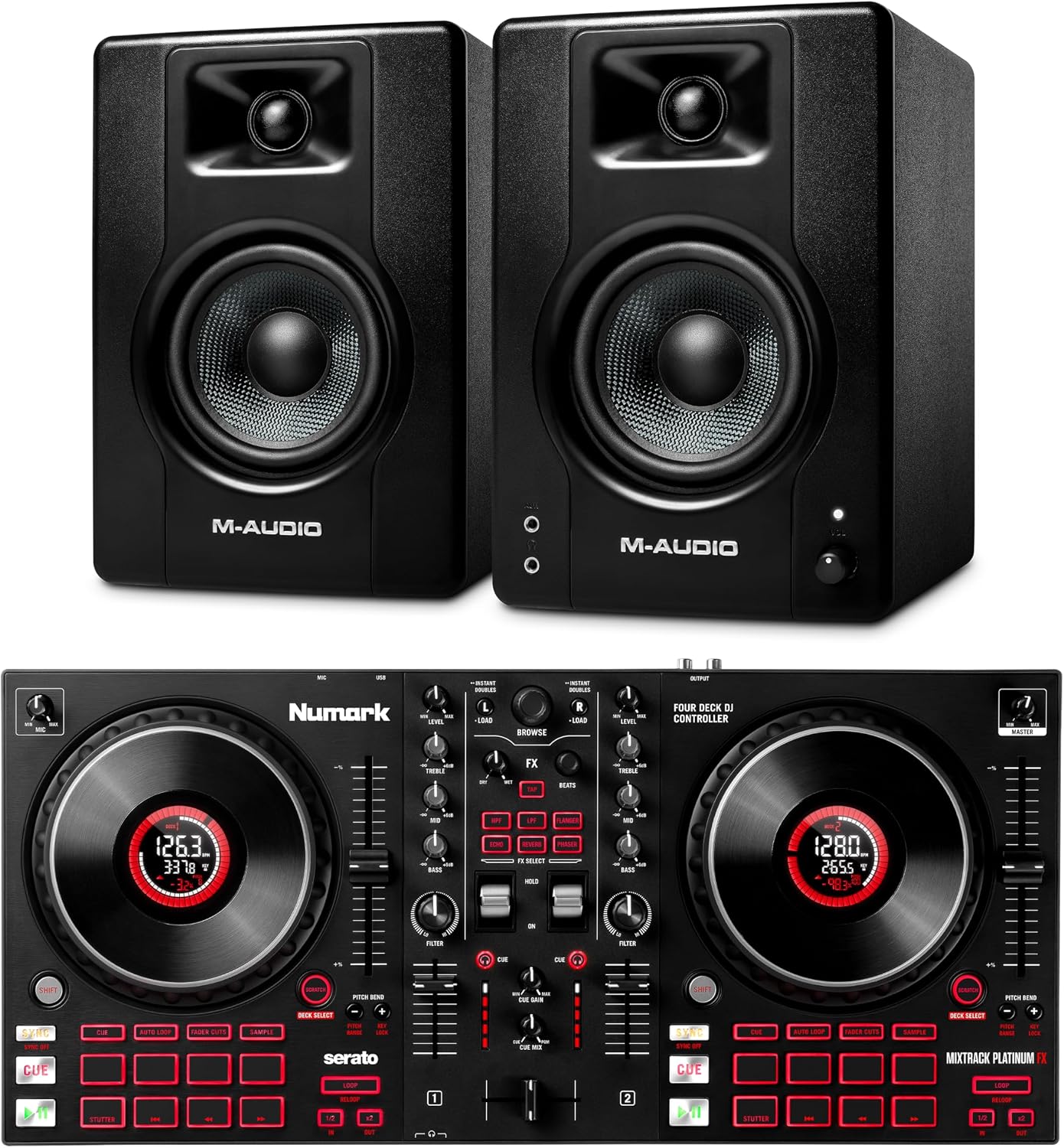 Numark Mixtrack Platinum FX DJ Controller and M-AUDIO BX3 Pair Studio Monitors for Studio Recording, Music Production, Podcasting, Streaming