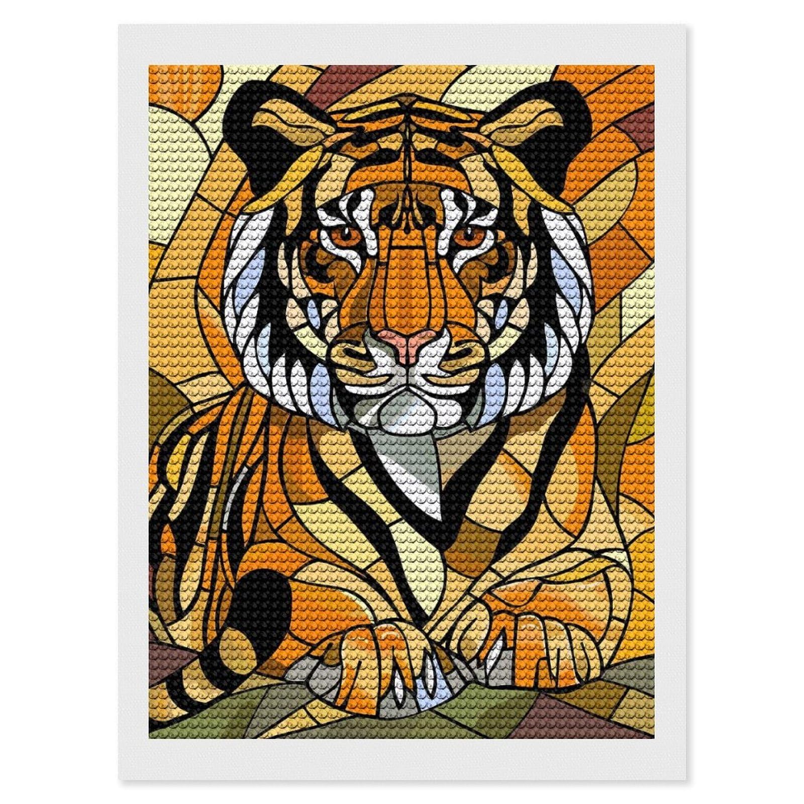 Junmoney Stained Glass Tiger Portrait DIY Diamond Art Canvas Kit 12"x16", Farmhouse Decor, Vintage Style Decor, Handmade Wall Decor, Canvas Picture