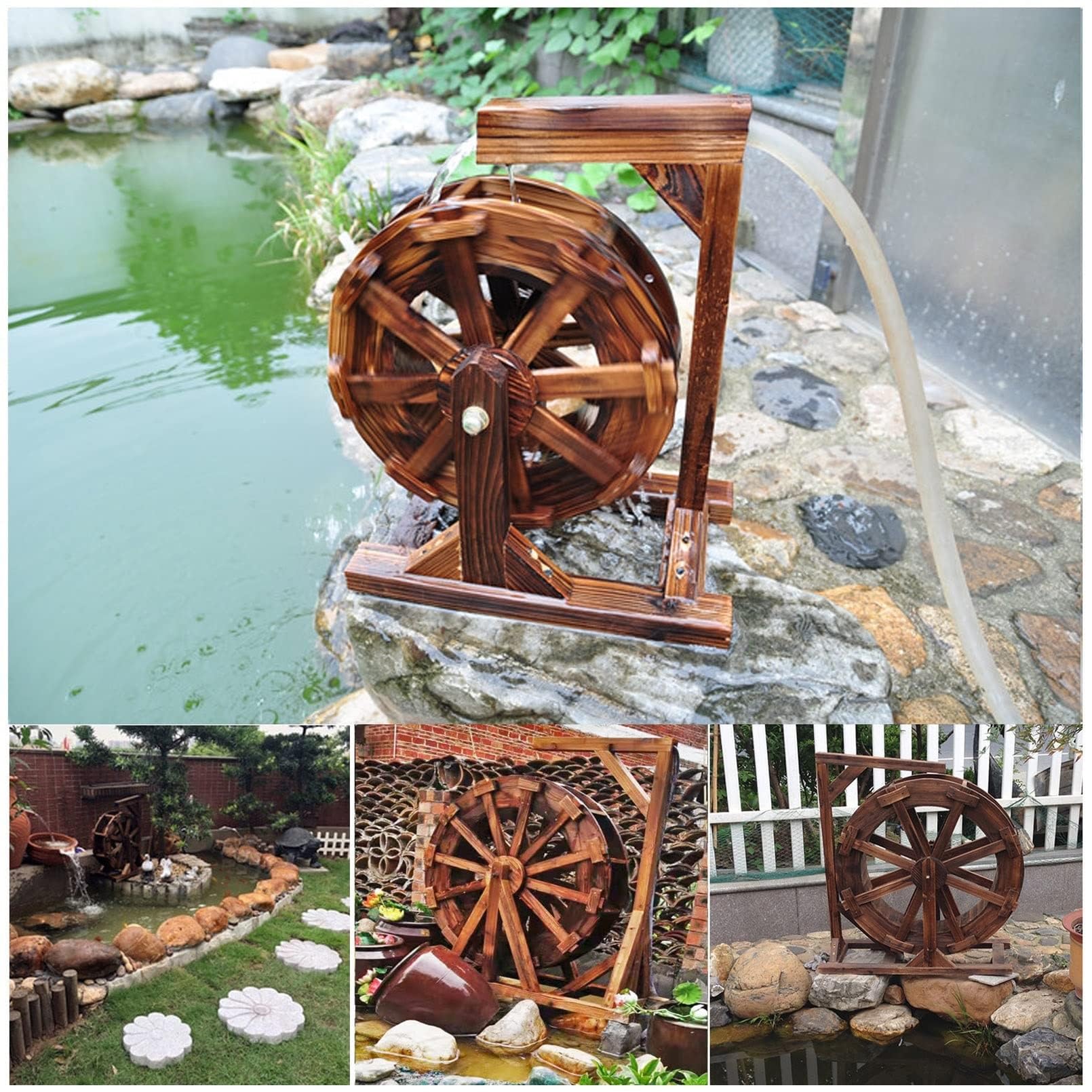 Holz-Wasserrad-Brunnen, Garten-Wasserfall-Wasserpumpe, Freistehende Gartendekoration 30cm